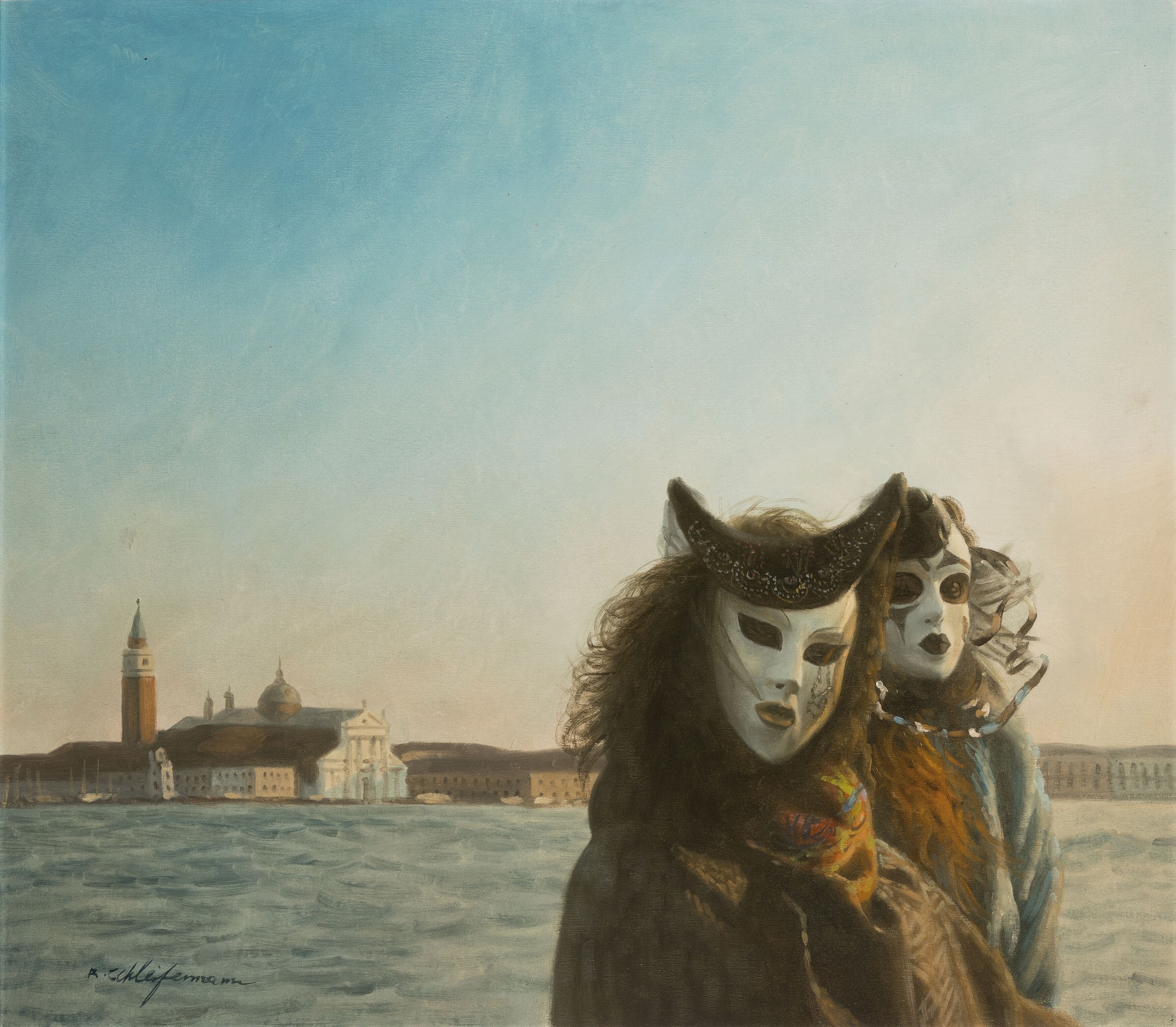 R. Schleifermann, Künstler des späten 20. Jh., Junge Frauen mit Masken vor der Kulisse Venedigs, Öl/Lwd, links unten sign., ca. 70x 80cm, R. ca. ...