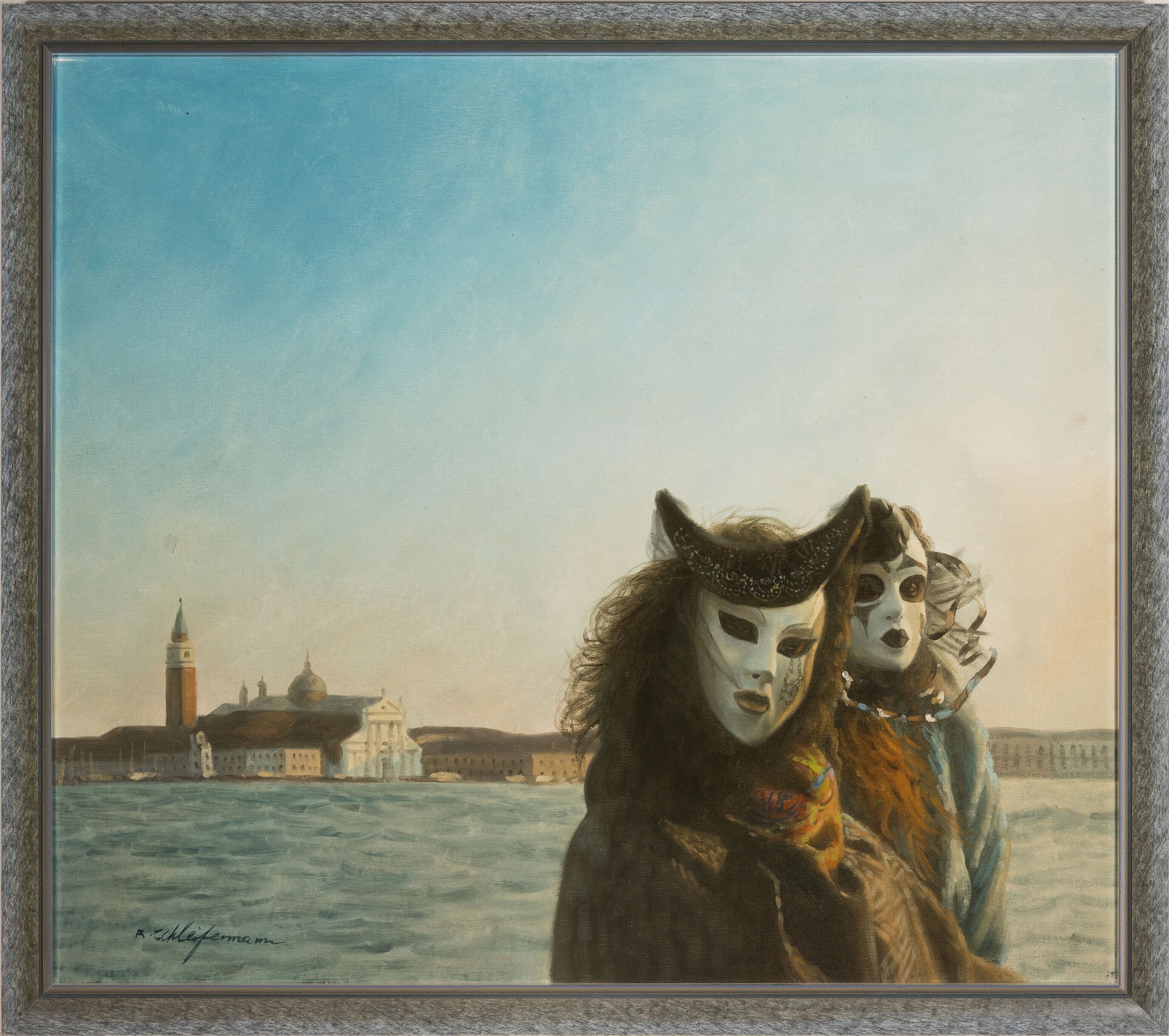 Detail k: R. Schleifermann, Künstler des späten 20. Jh., Junge Frauen mit Masken vor der Kulisse Venedigs, Öl/Lwd, links unten sign., ca. 70x 80cm, R. ca. ...