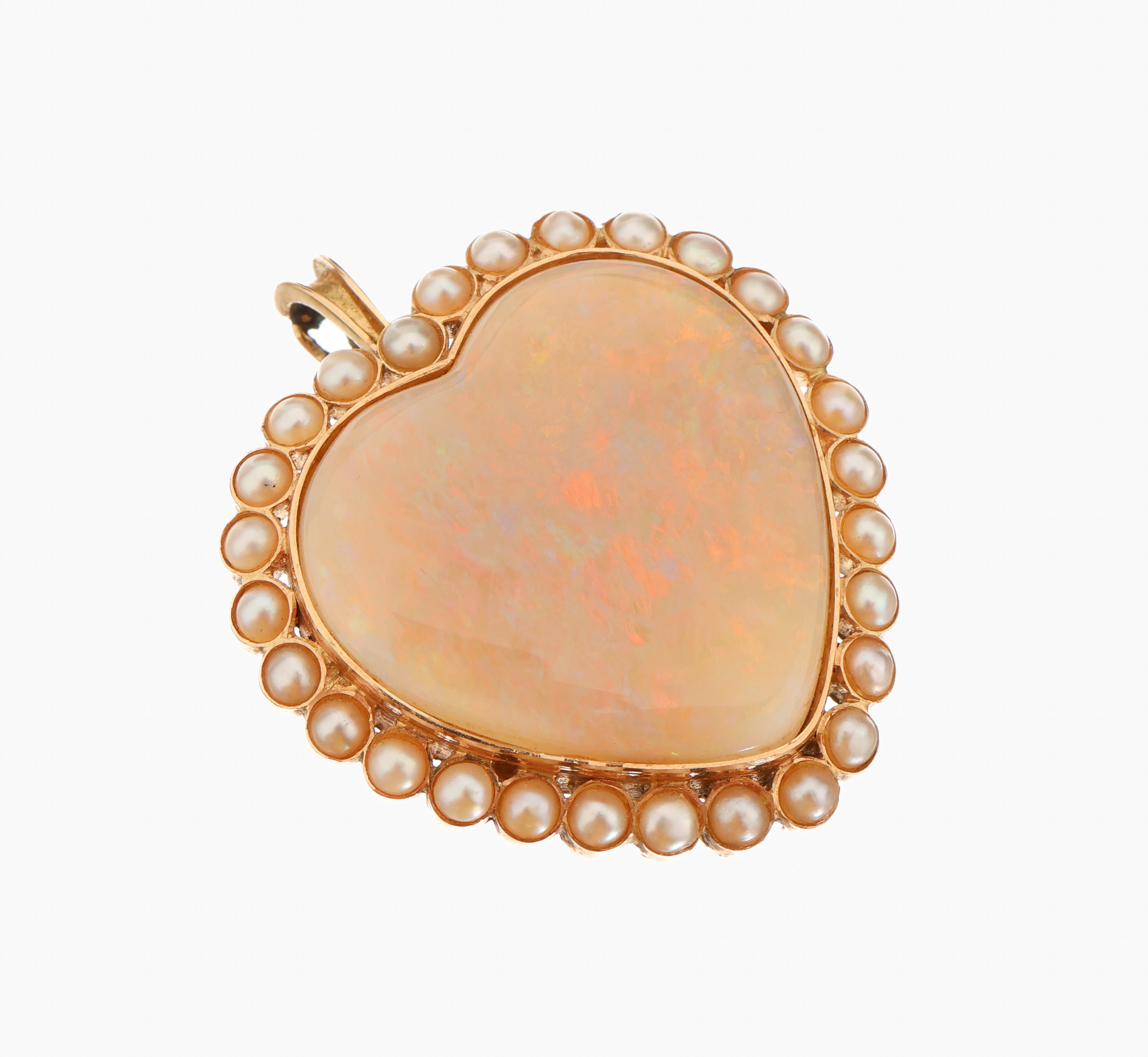 14 kt Gold Opal-Perl-Clipanhänger, GG 585/000, herzf. Opalcabochon ca. 8.0 ct, schönes Farbspiel in überwiegend rot, auch gelb, blau und grün, ...