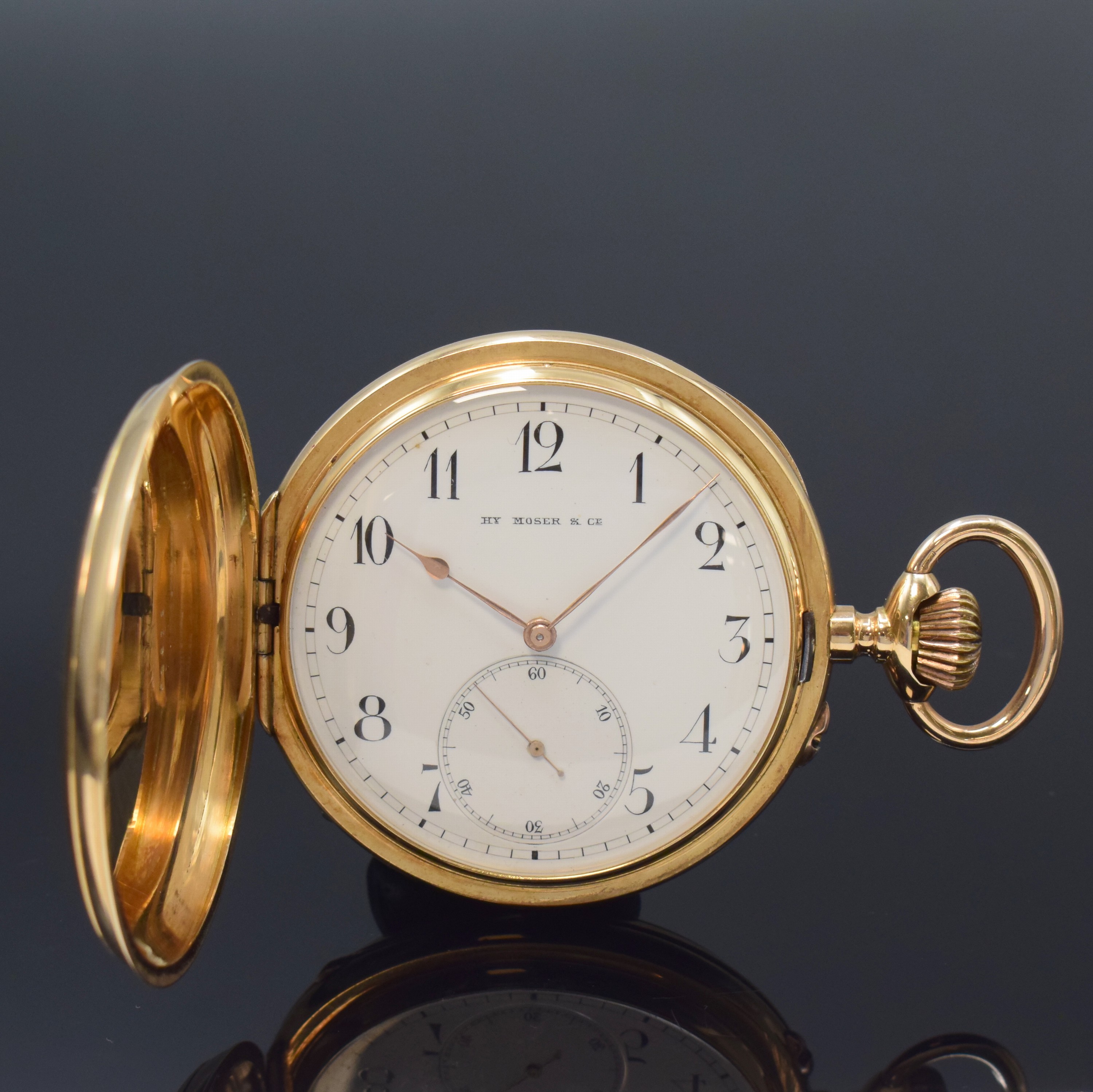 Hy. MOSER & Cie grosse und schwere Herrensavonette "Qualität Mole" in GG 585/000, Schweiz um 1910, glattes 3-Deckel- Goldgeh., sign. ...
