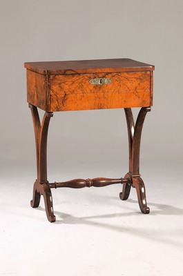 Image Sewing table/side table, German, 19th century, walnut veneer, 2 drawers, a key, turned ...