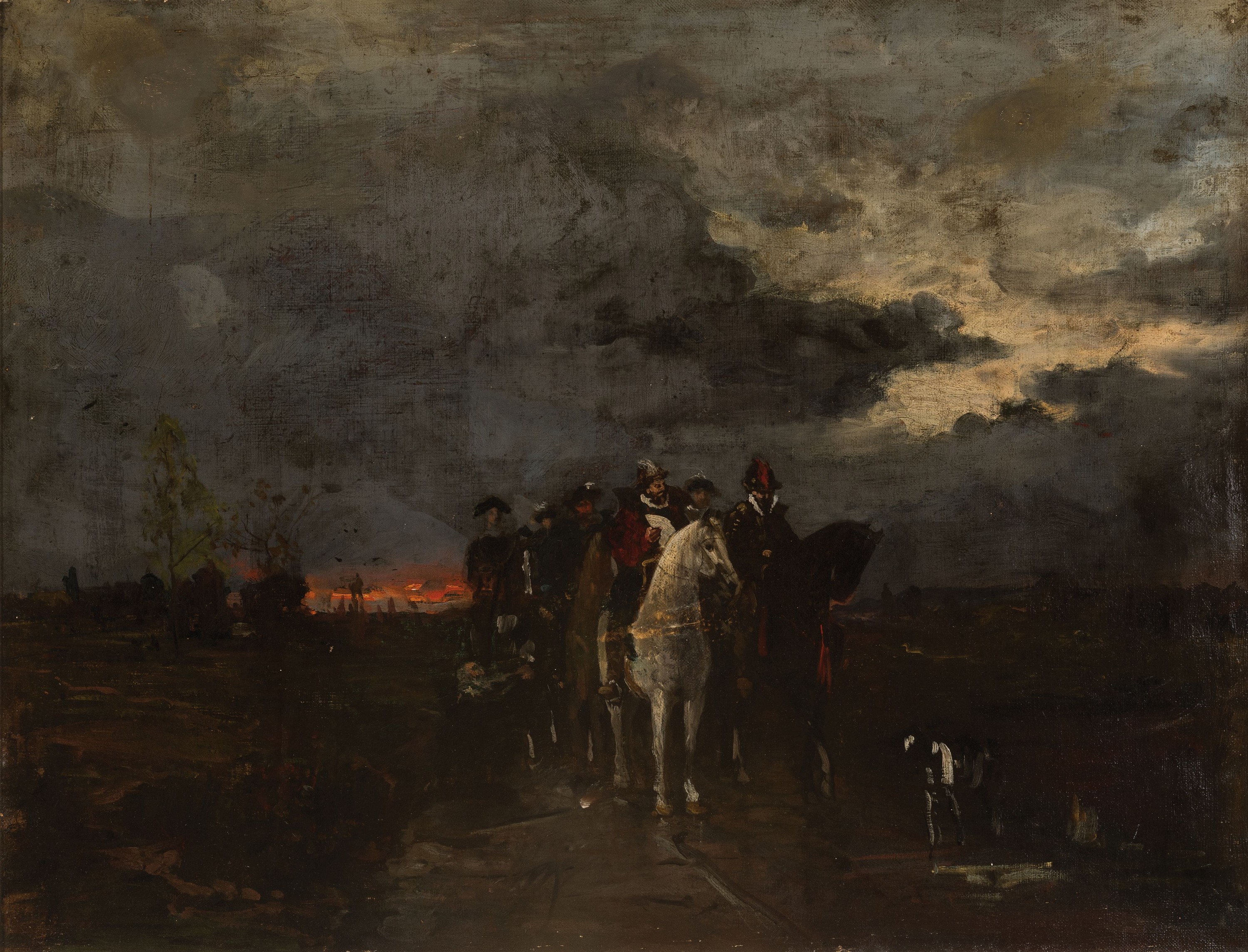 Unbekannter Künstler 19.Jh, Gruppe SpanischeReiter vor landschaft mit Sonnenuntergang, Öl/Lwd, restauriert, unsigniert, 47x62 cm, Rahmen 58x73 cm