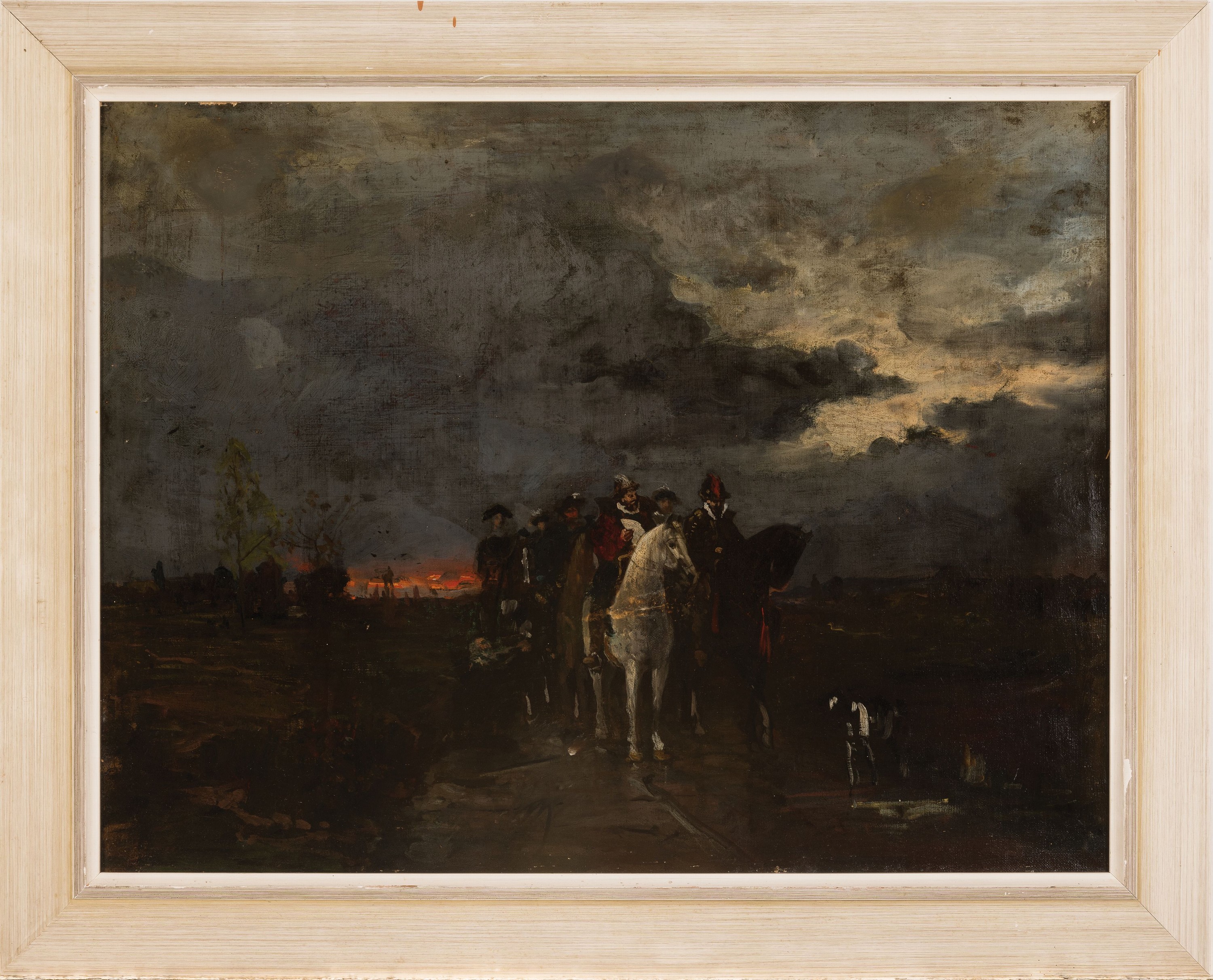 Detail k: Unbekannter Künstler 19.Jh, Gruppe SpanischeReiter vor landschaft mit Sonnenuntergang, Öl/Lwd, restauriert, unsigniert, 47x62 cm, Rahmen 58x73 cm