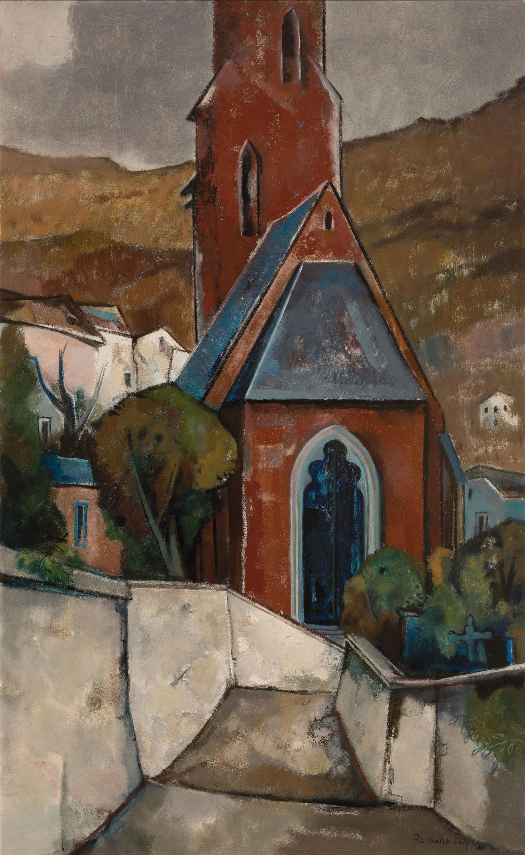 Erich Rockenbach, 1911-1984 Ludwigshafen, Stadtansicht mit roter Kirche, kubistischer Duktus, links unten signiert und datiert 1960,Öl/Masonit, ...