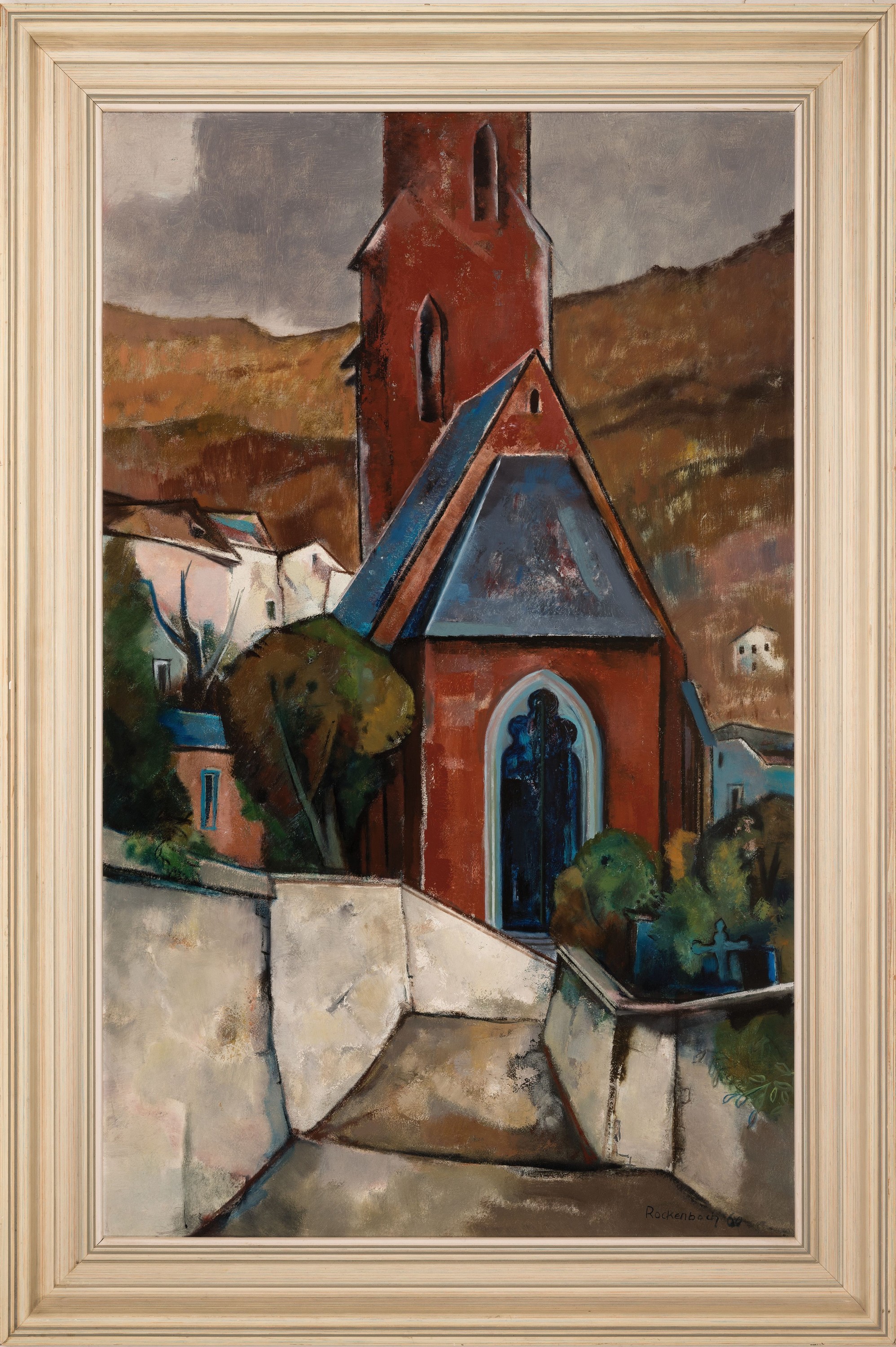 Detail k: Erich Rockenbach, 1911-1984 Ludwigshafen, Stadtansicht mit roter Kirche, kubistischer Duktus, links unten signiert und datiert 1960,Öl/Masonit, ...