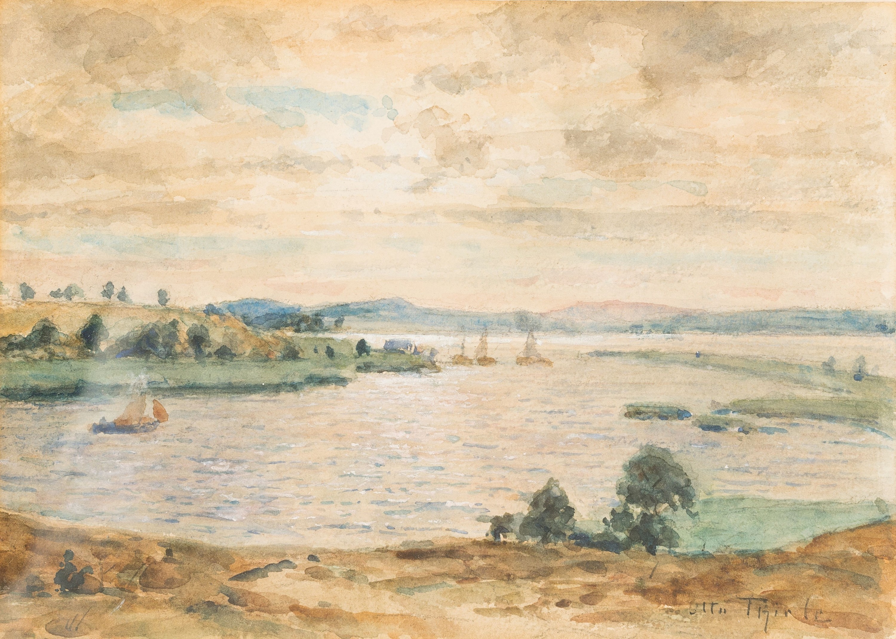 Otto Thiele, 1870 Rackitt-1955 Bonn, 3 Aquarelle, Mittelgebirgslandschaft 18x23 cm; norddeutsche Stadtlandschaft 13x20 cm; Seenlandschaft 14x20 cm; ...