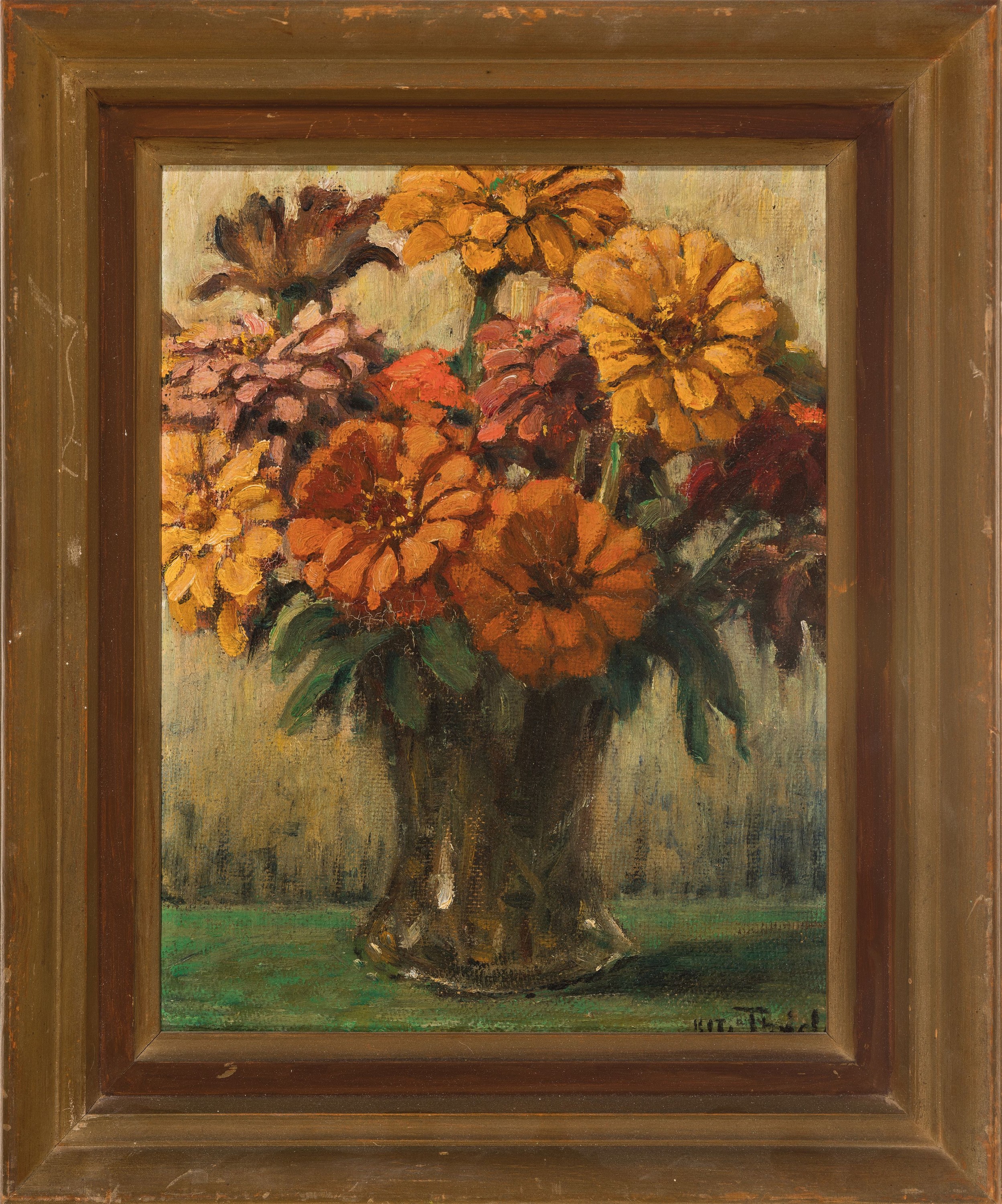 Detail k: Otto Thiele, 1870 Rackitt-1955 Bonn, Blumenstillleben mit Nelken, rechts unten signiert, Öl/Karton, 35x28 cm, Rahmen 43x36 cm