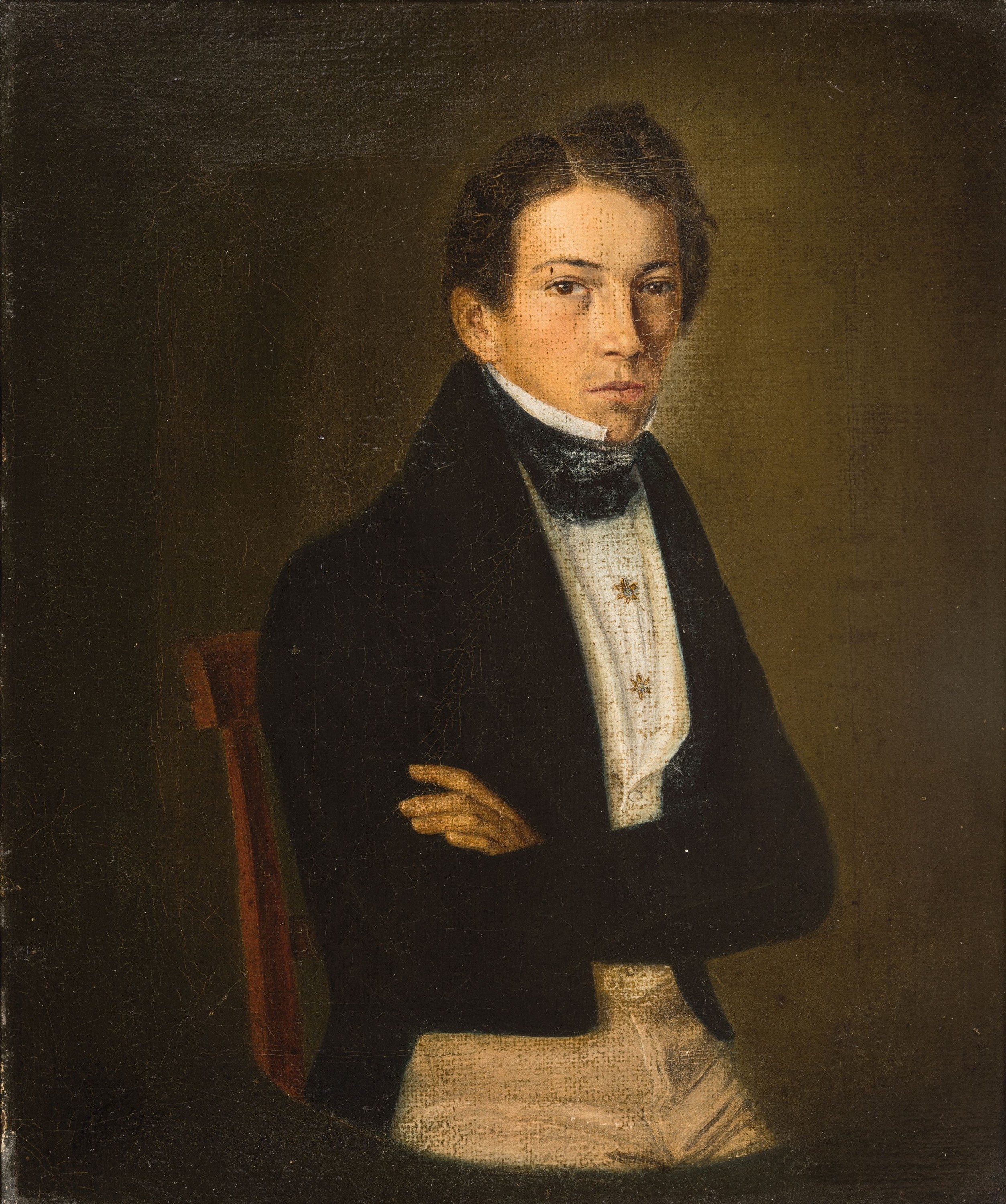 2 Biedermeier Porträts, 1830/40er-Jahre, Biedermeier Porträt eines Herren, sekundär betitelt als "Hauserbauer" der Liegenschaft inder ...