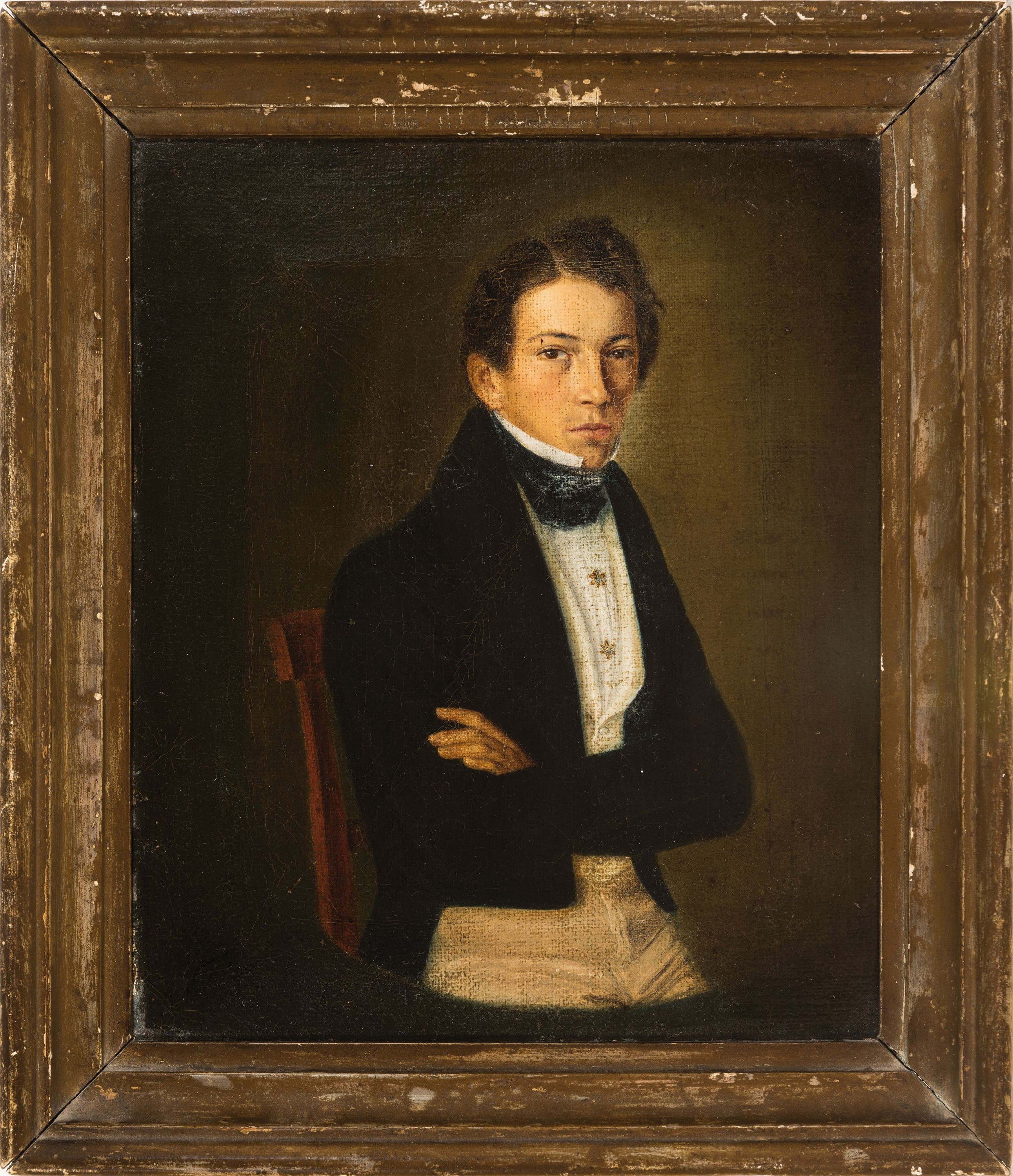 Detail k: 2 Biedermeier Porträts, 1830/40er-Jahre, Biedermeier Porträt eines Herren, sekundär betitelt als "Hauserbauer" der Liegenschaft inder ...