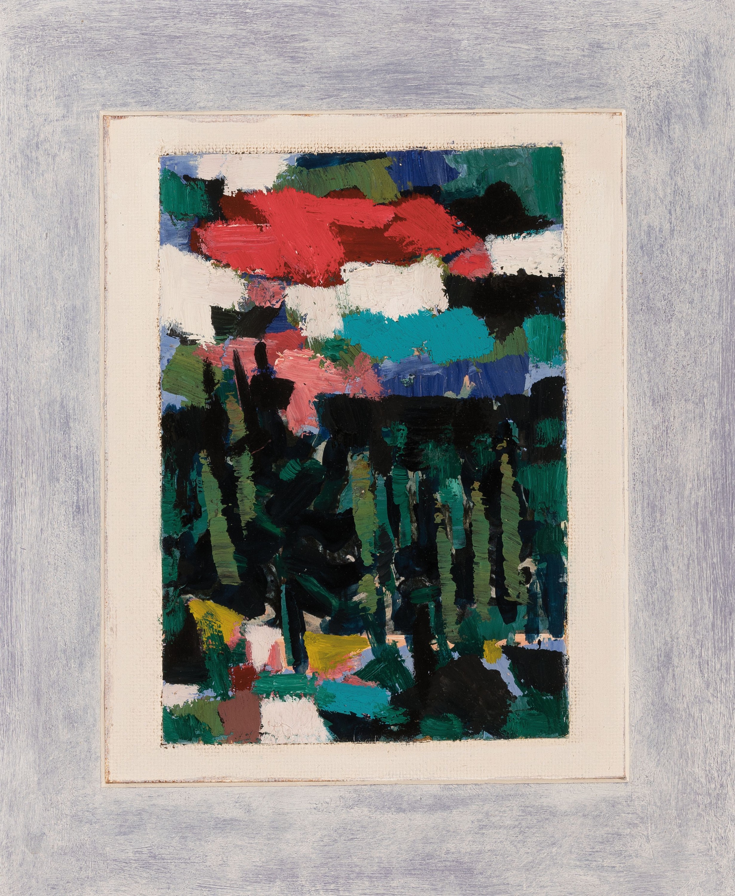 Walter Klose, 1921 Jägerndorf-2003 München, Blick über eine Waldstück auf eine Stadtlandschaft, in Farbflecken aufgelöst, Öl/Lwd/Karton, verso ...