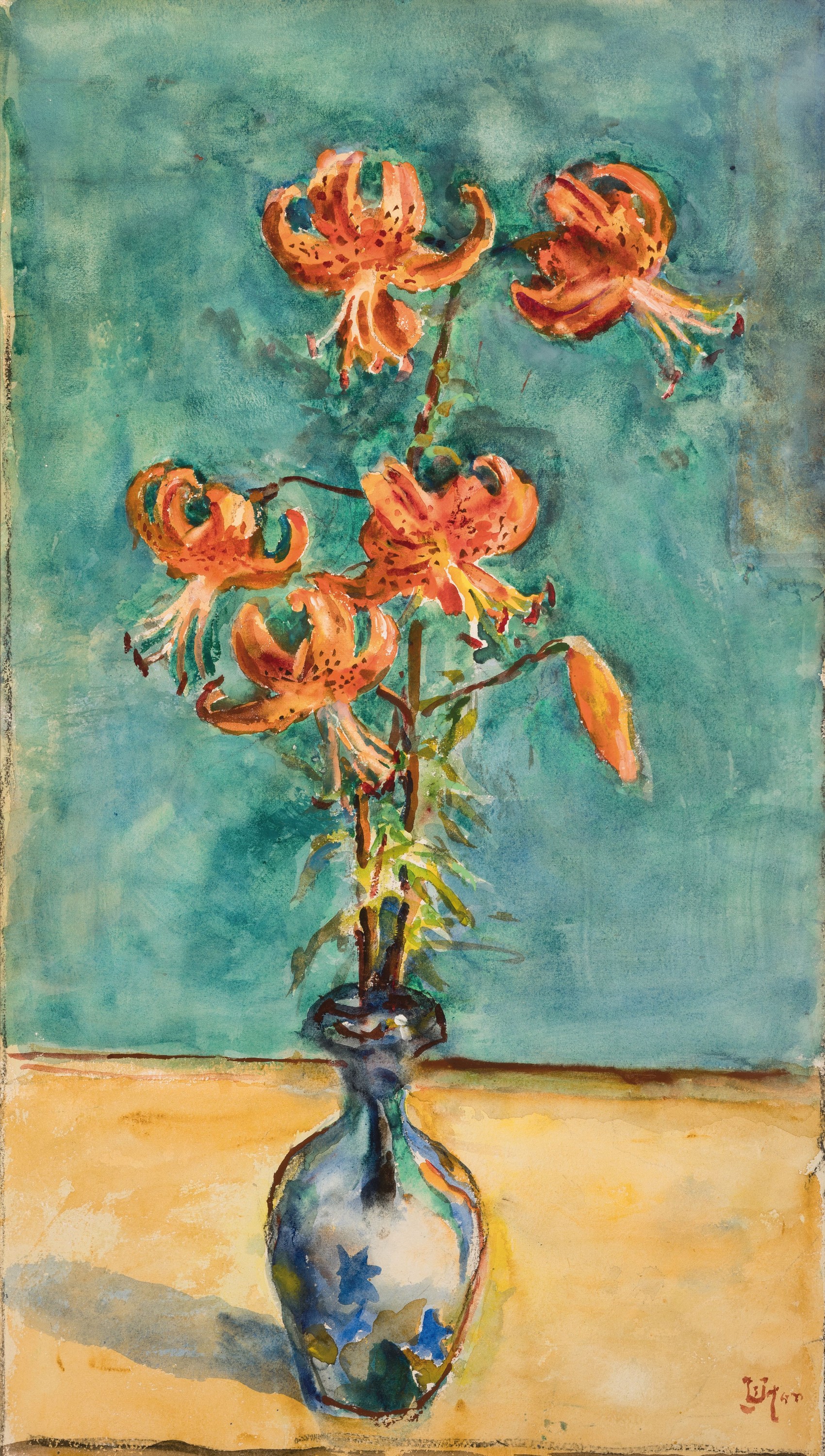 Johannes Paul Ufer, 1874 Sachsenburg-1958, Aquarell, Blumenstillleben, Feuerlilien in Glasvase, neusachlicher Duktus, rechts unten signiert, unter ...