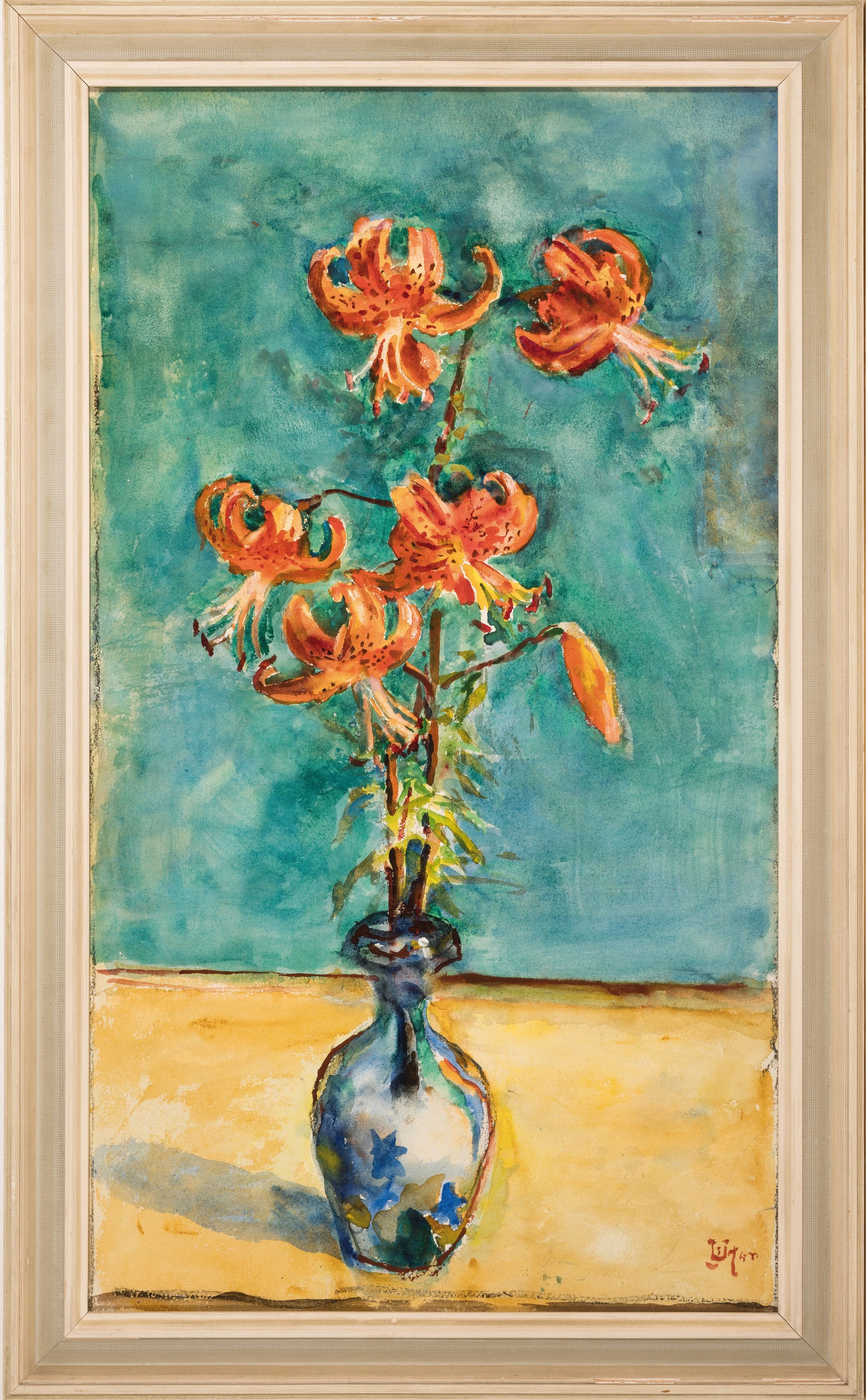 Detail k: Johannes Paul Ufer, 1874 Sachsenburg-1958, Aquarell, Blumenstillleben, Feuerlilien in Glasvase, neusachlicher Duktus, rechts unten signiert, unter ...