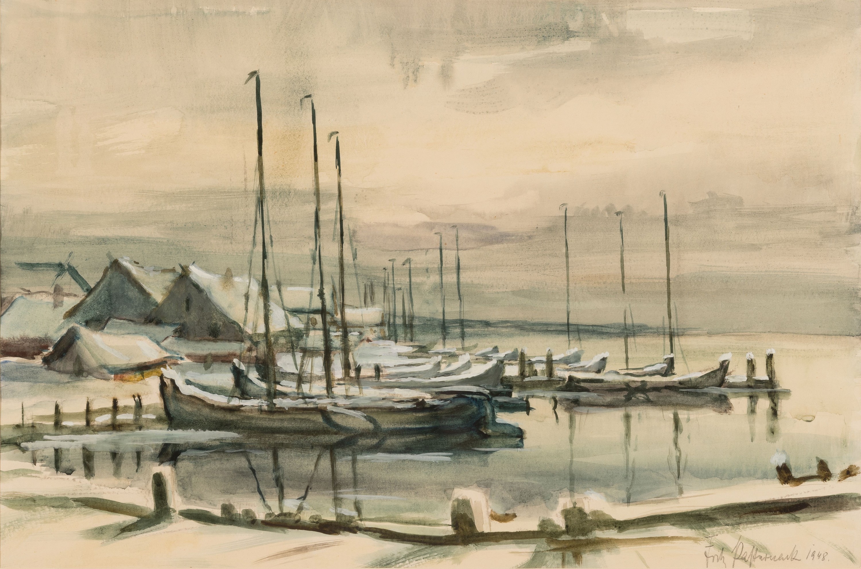 Detail d: Fritz Pasternak deutscher Künstler der Mitte des 20.Jh., 2 Aquarelle, winterliche Uferlandschaft und Winterlandschaft am Bodensee, jeweils ...