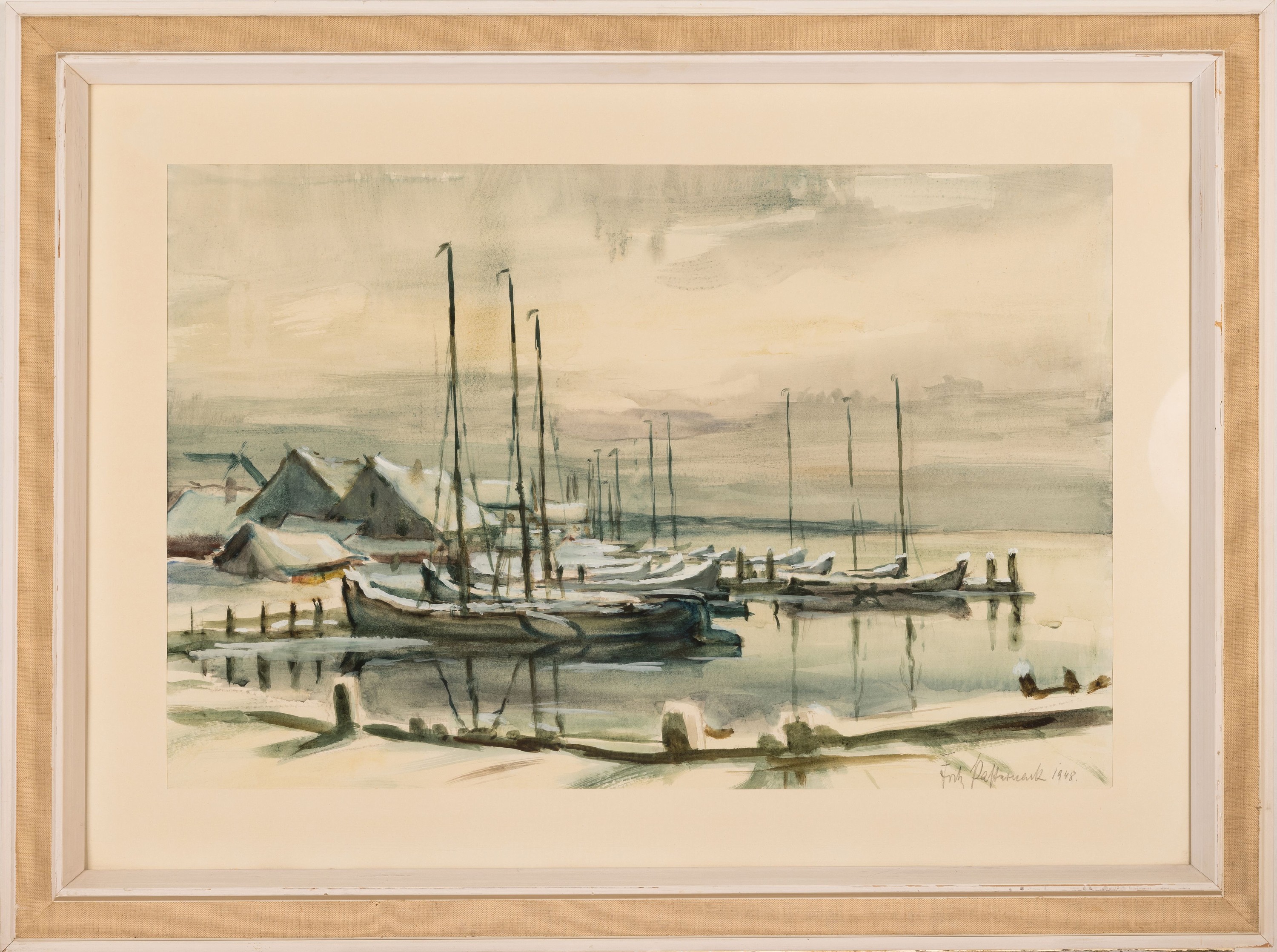 Detail o: Fritz Pasternak deutscher Künstler der Mitte des 20.Jh., 2 Aquarelle, winterliche Uferlandschaft und Winterlandschaft am Bodensee, jeweils ...