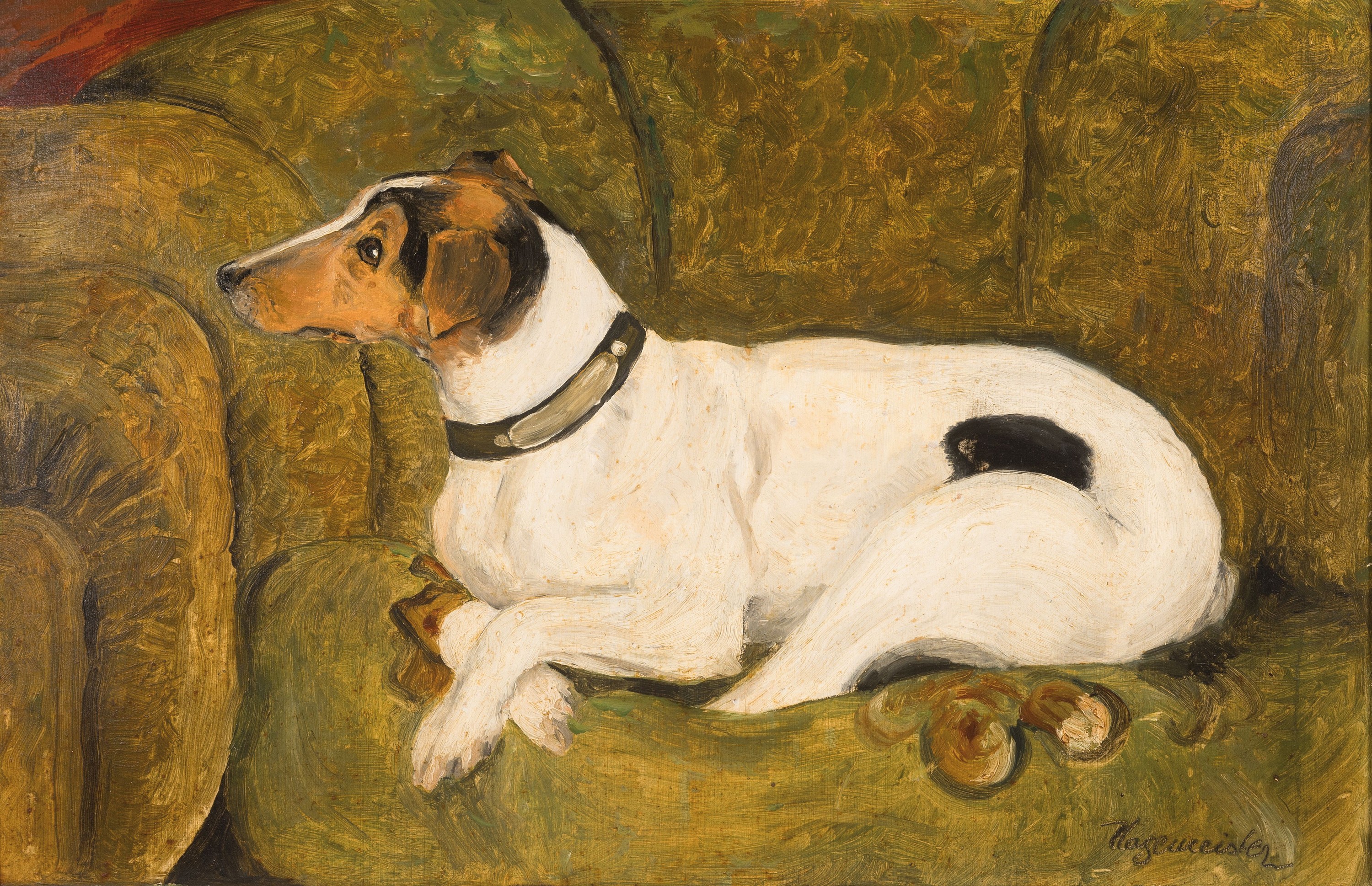 Hagemeister, ungedeuteter Künstler um die Jahrhundertwende, Terrier auf einem Sofa sitzend, rechts unten signiert, Öl/Karton, 30x45 cm, Rahmen ...