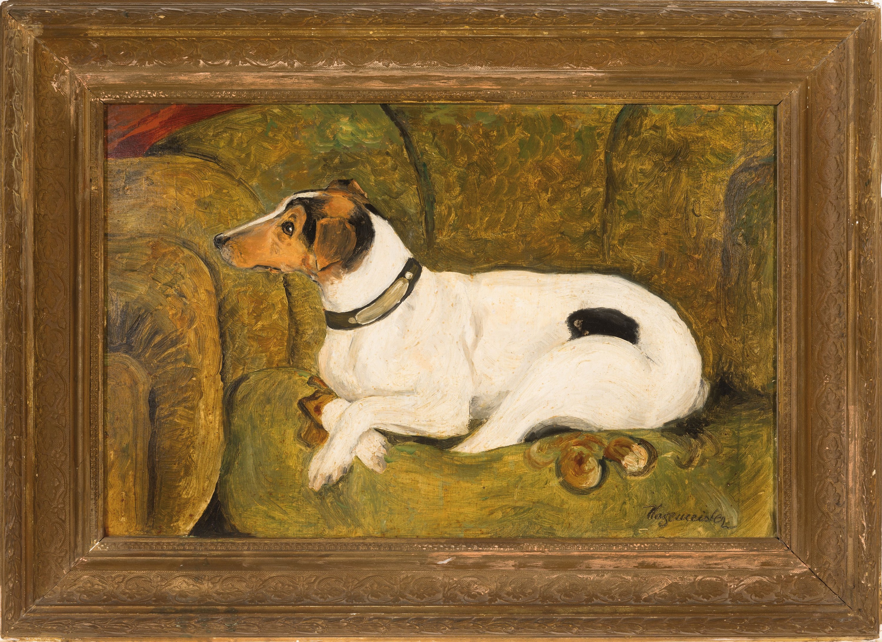 Detail k: Hagemeister, ungedeuteter Künstler um die Jahrhundertwende, Terrier auf einem Sofa sitzend, rechts unten signiert, Öl/Karton, 30x45 cm, Rahmen ...