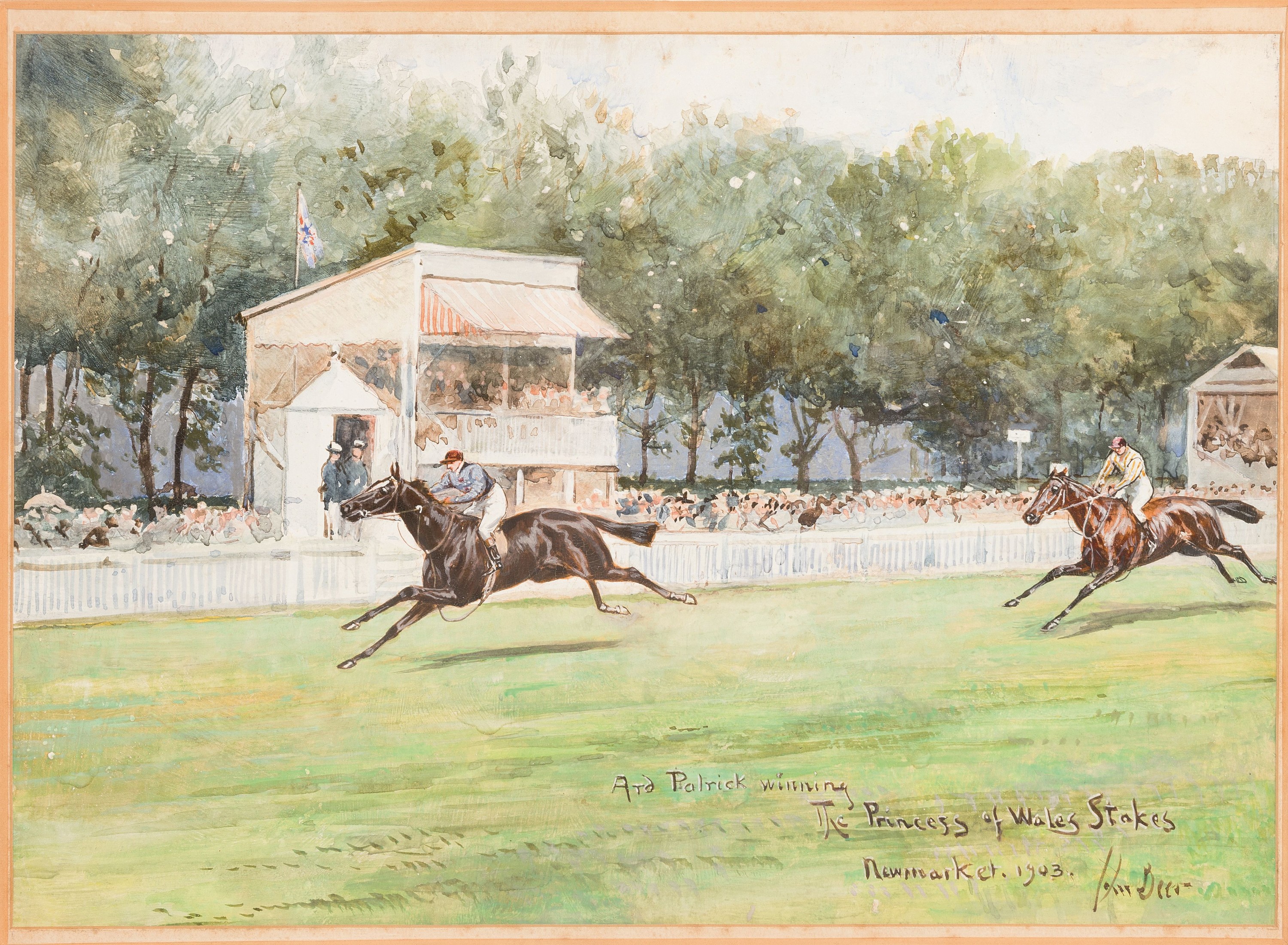 John Beer, 1860-1930, Aquarell, Pferderennen "Ard Patrick winning The Princess of Wales Stakes, Newmarket 1903", rechts unten signiert, ...