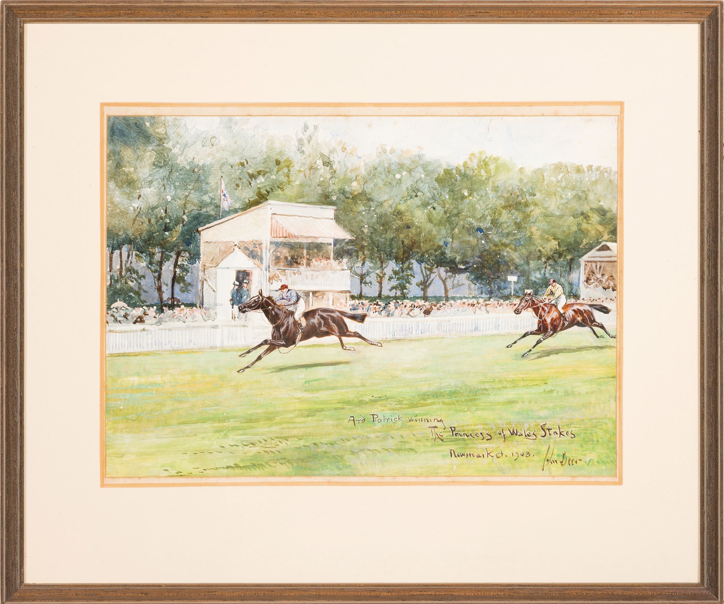 Detail k: John Beer, 1860-1930, Aquarell, Pferderennen "Ard Patrick winning The Princess of Wales Stakes, Newmarket 1903", rechts unten signiert, ...