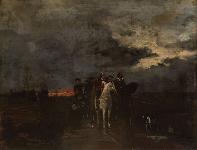 Image Unknown artist 19th century, group of Spanish riders in front of a landscape with sunset, ...