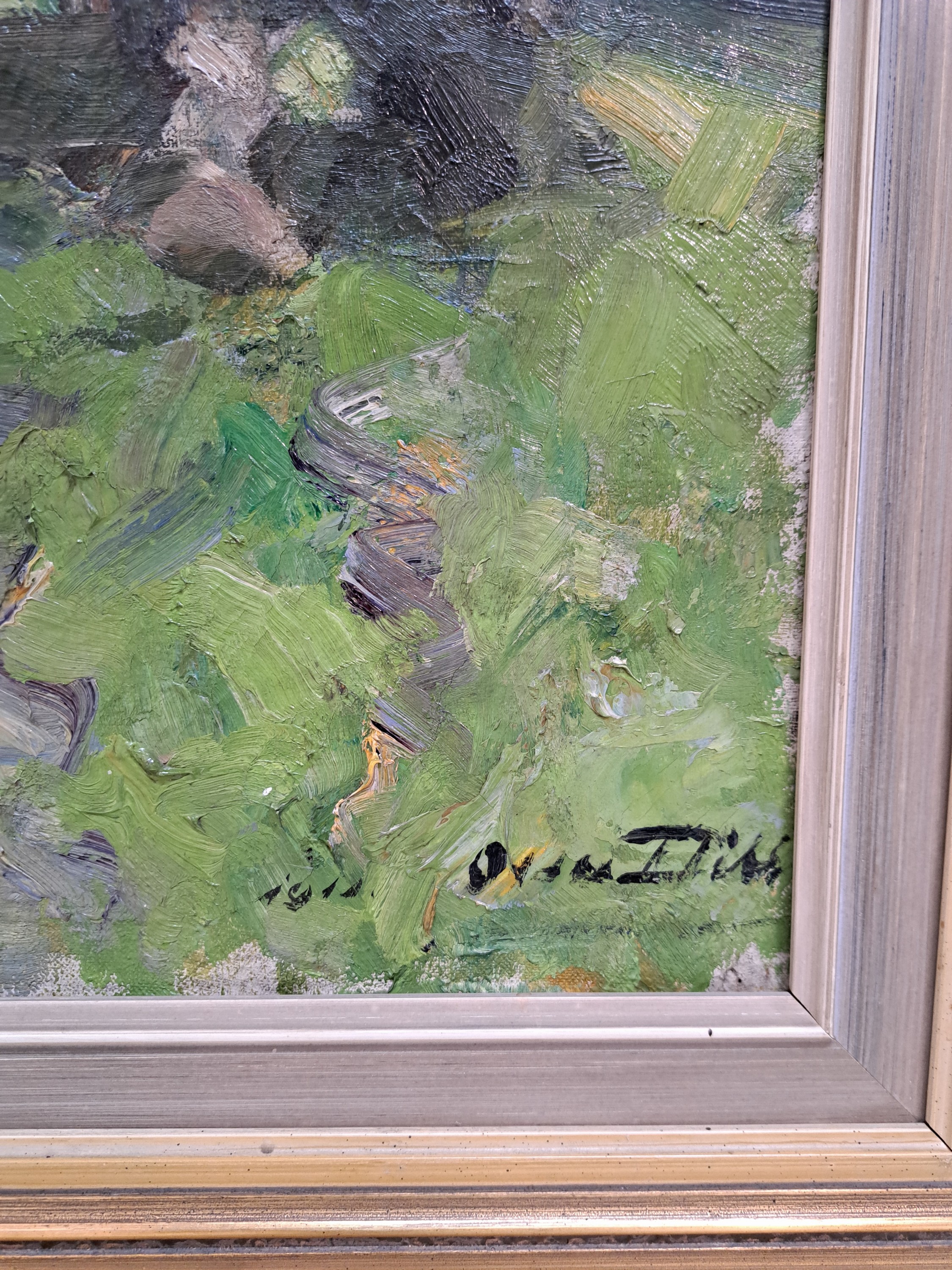 Detail d: Otto Dill, 1884 Neustadt-1957 Bad Dürkheim, "Rast unter Bäumen" so auf altem Etikett bezeichnet, 1911, Bauer mit zwei Kühen, Öl/Lwd, ...