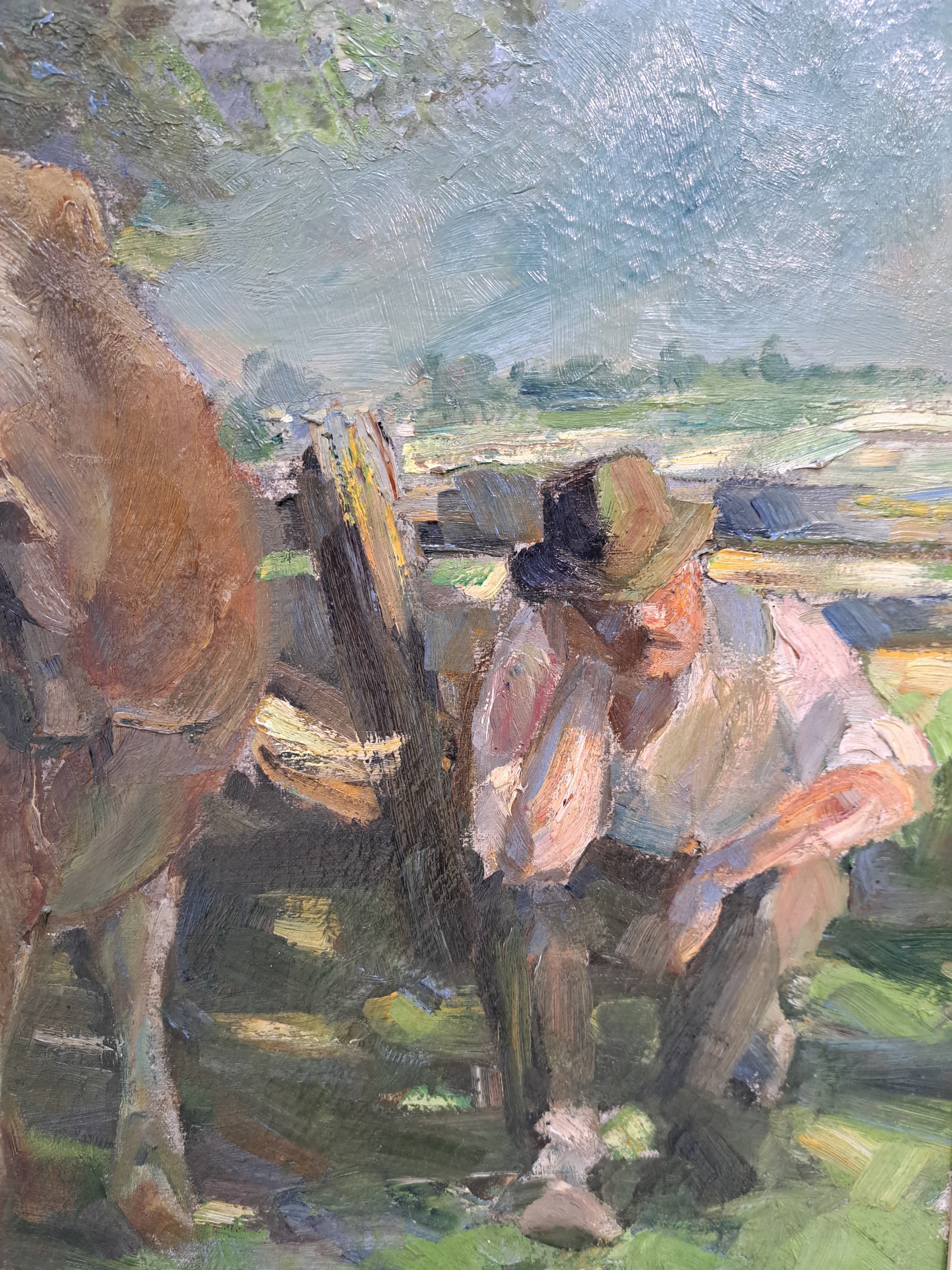 Detail e: Otto Dill, 1884 Neustadt-1957 Bad Dürkheim, "Rast unter Bäumen" so auf altem Etikett bezeichnet, 1911, Bauer mit zwei Kühen, Öl/Lwd, ...