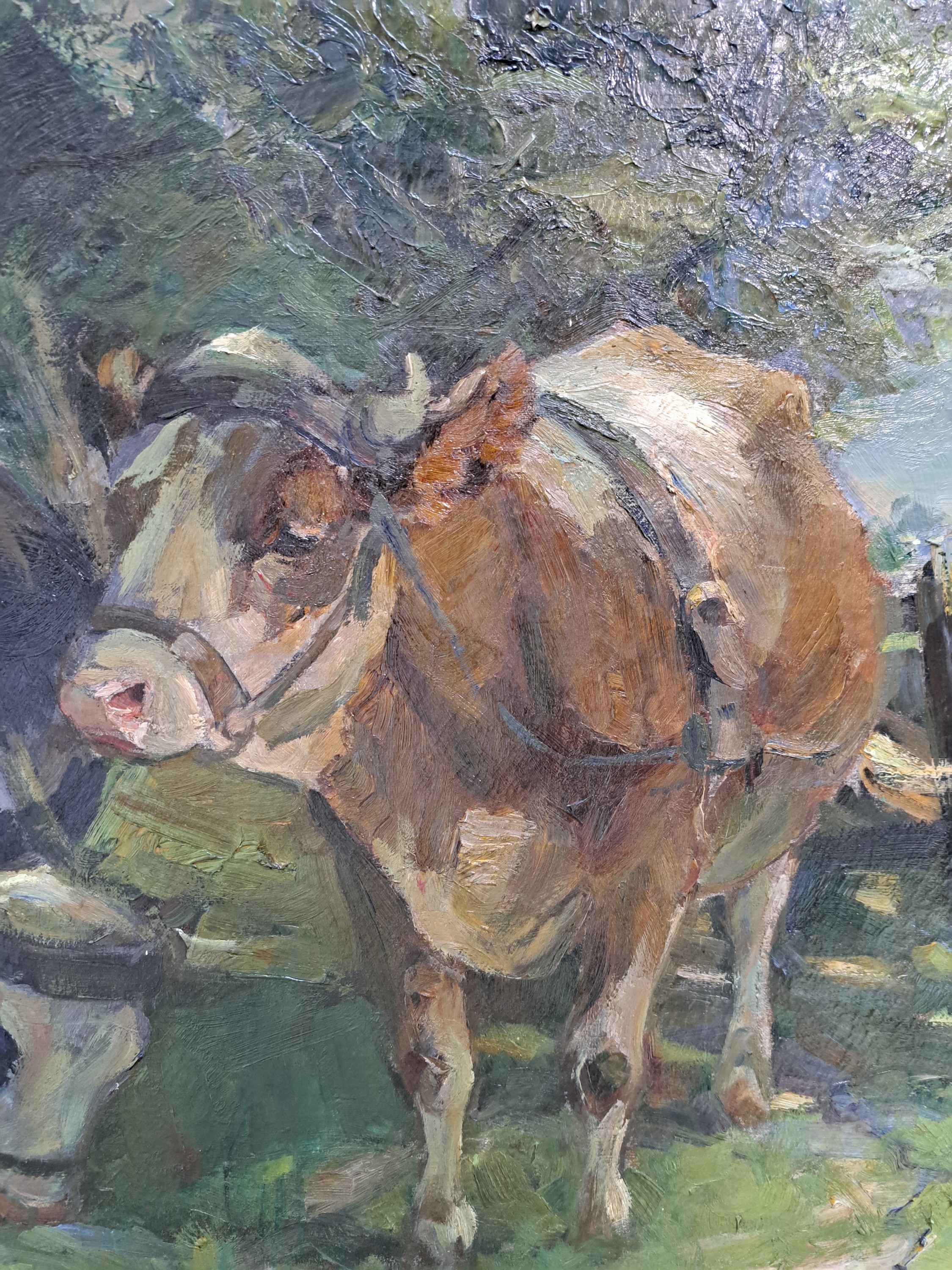 Detail f: Otto Dill, 1884 Neustadt-1957 Bad Dürkheim, "Rast unter Bäumen" so auf altem Etikett bezeichnet, 1911, Bauer mit zwei Kühen, Öl/Lwd, ...