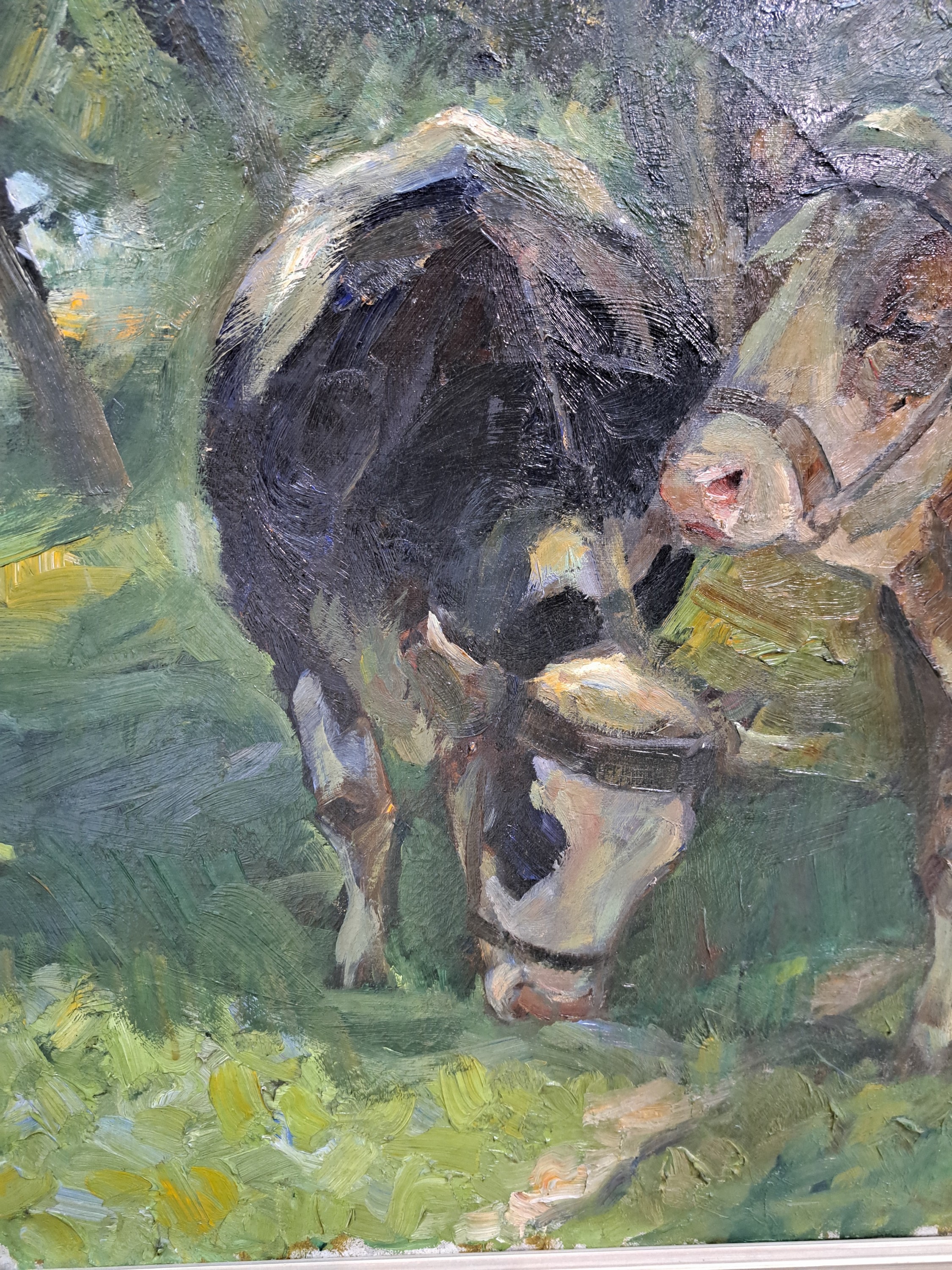 Detail g: Otto Dill, 1884 Neustadt-1957 Bad Dürkheim, "Rast unter Bäumen" so auf altem Etikett bezeichnet, 1911, Bauer mit zwei Kühen, Öl/Lwd, ...