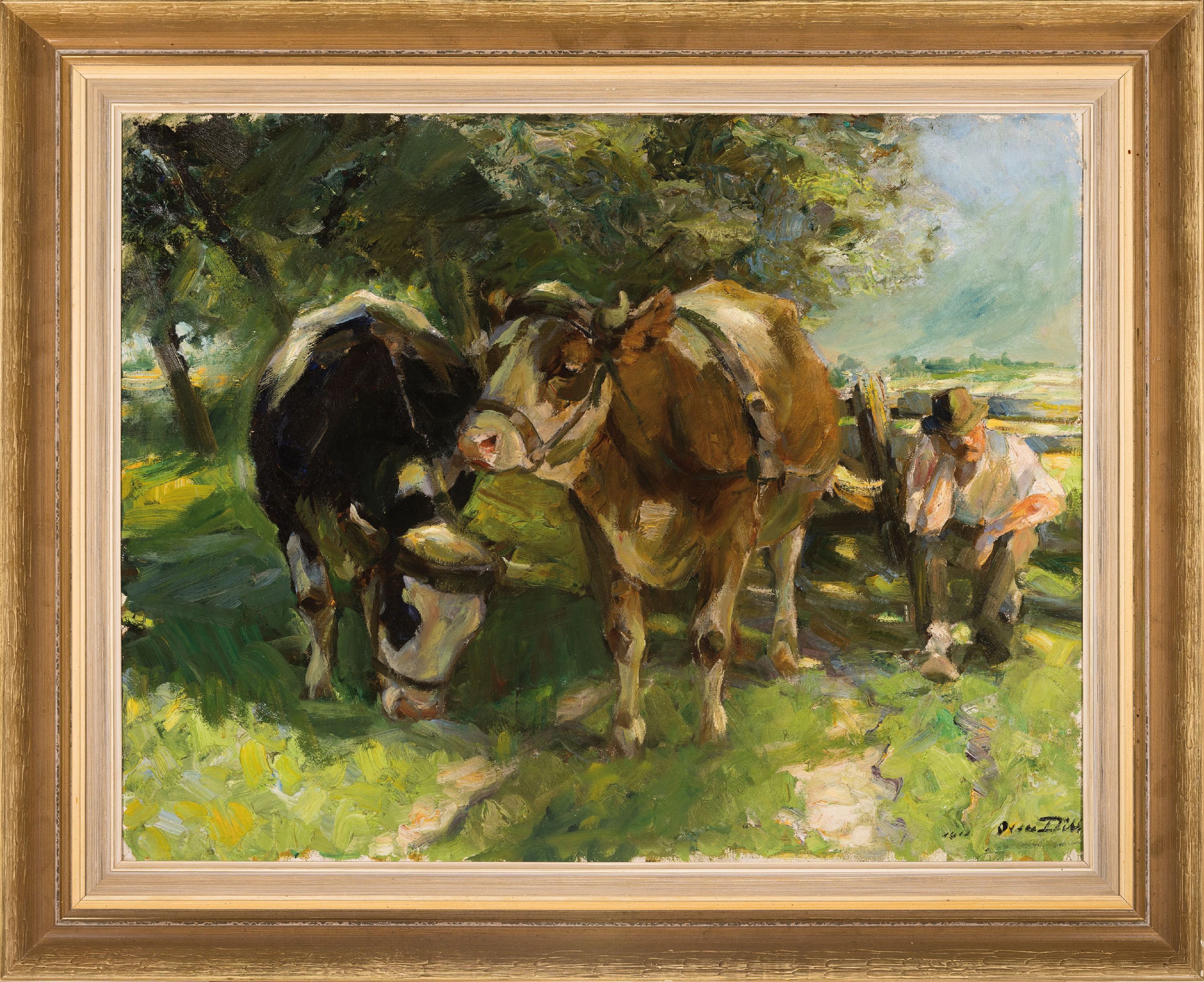 Detail k: Otto Dill, 1884 Neustadt-1957 Bad Dürkheim, "Rast unter Bäumen" so auf altem Etikett bezeichnet, 1911, Bauer mit zwei Kühen, Öl/Lwd, ...