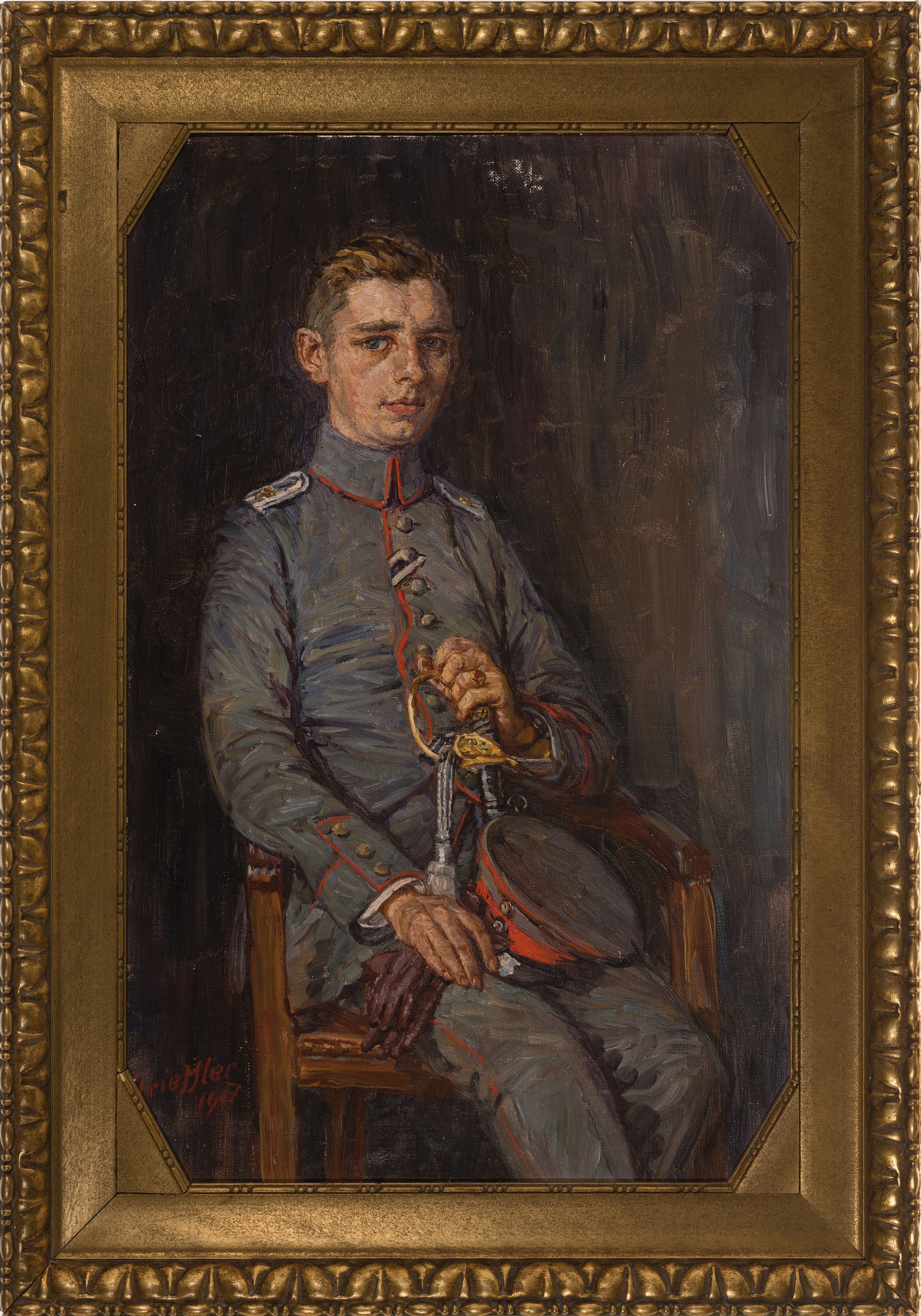 Detail k: Heinrich Strieffler, 1872 Neustadt-1949 Landau, Porträt eines jungen Offiziers des deutschen Heeres, sithend mit Degen, Portepee,und Handschuhen, ...