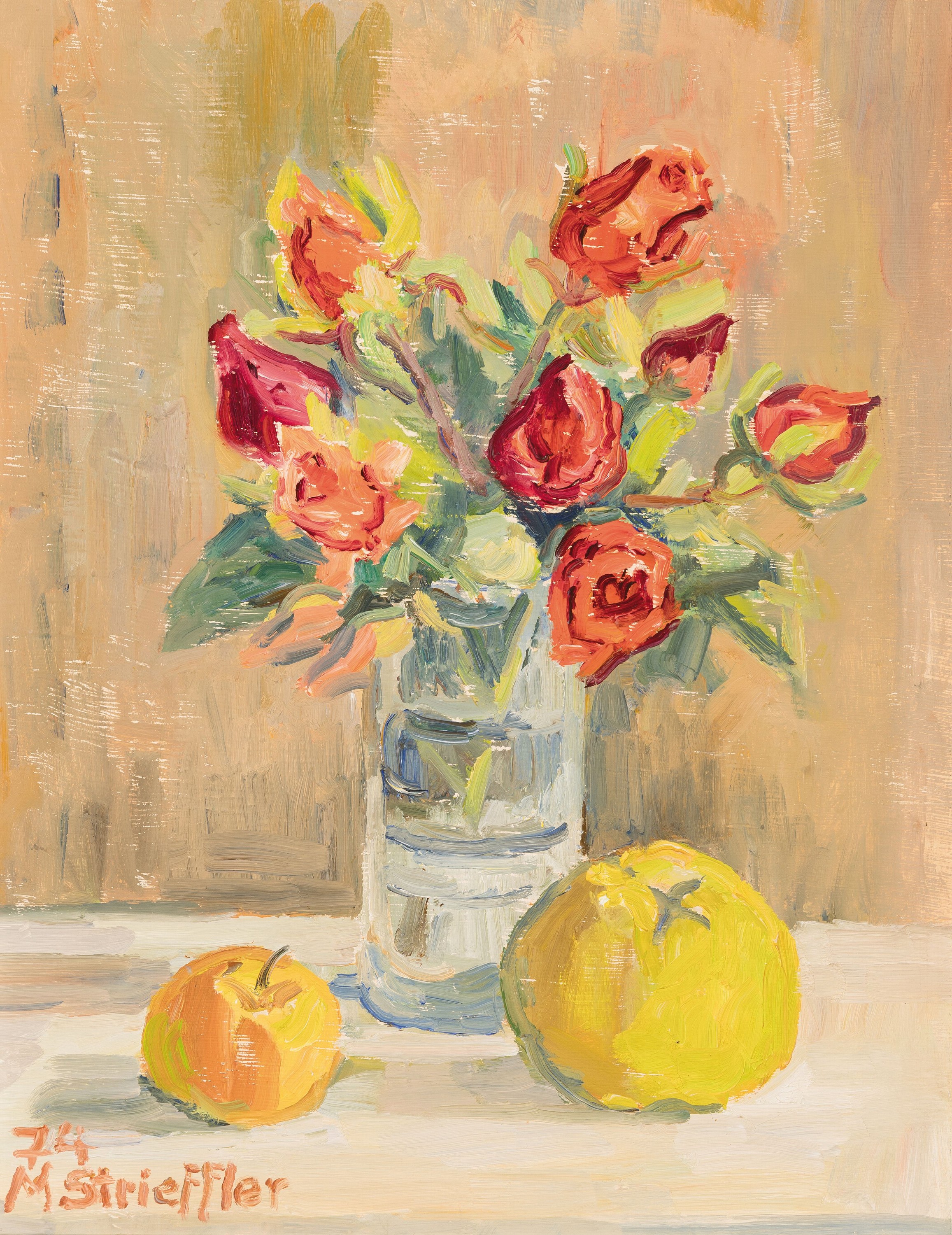Marie Strieffler, 1917-1987 Landau, Rosenstillleben mit Quitte und Apfel, Öl/Platte, li. u. signiert und dat. 74, ca. 46.5 x 36 cm, Rahmen 54x42 cm