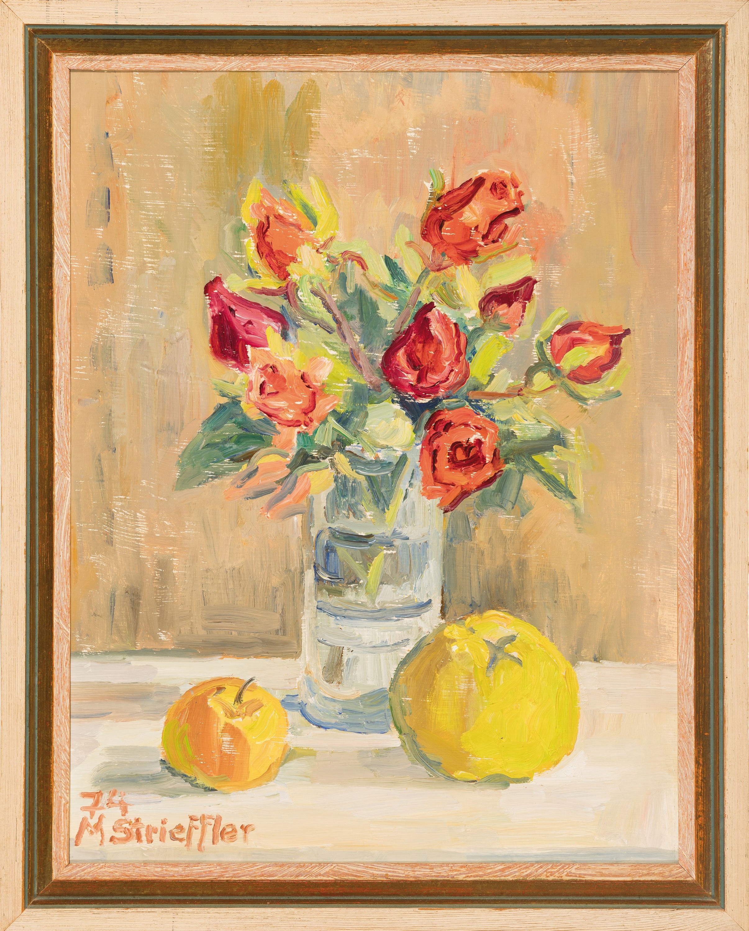Detail k: Marie Strieffler, 1917-1987 Landau, Rosenstillleben mit Quitte und Apfel, Öl/Platte, li. u. signiert und dat. 74, ca. 46.5 x 36 cm, Rahmen 54x42 cm
