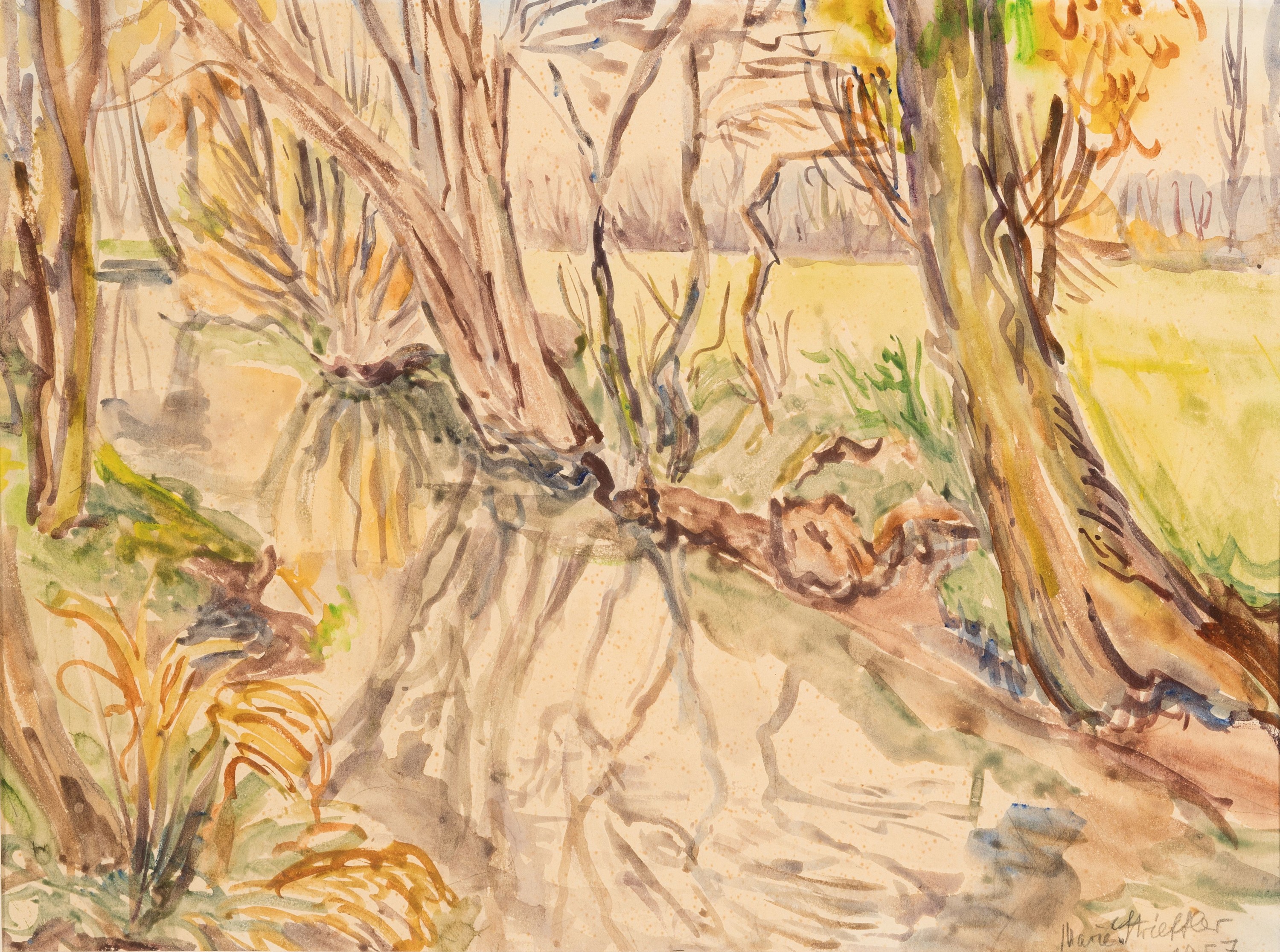 Marie Strieffler, 1917-1987 Landau, Aquarell, Queichpartie, signiert und datiert 1957, PP . Ausschnitt 28 x 37.5 cm, unter Glas, Rahmen 46x62 cm