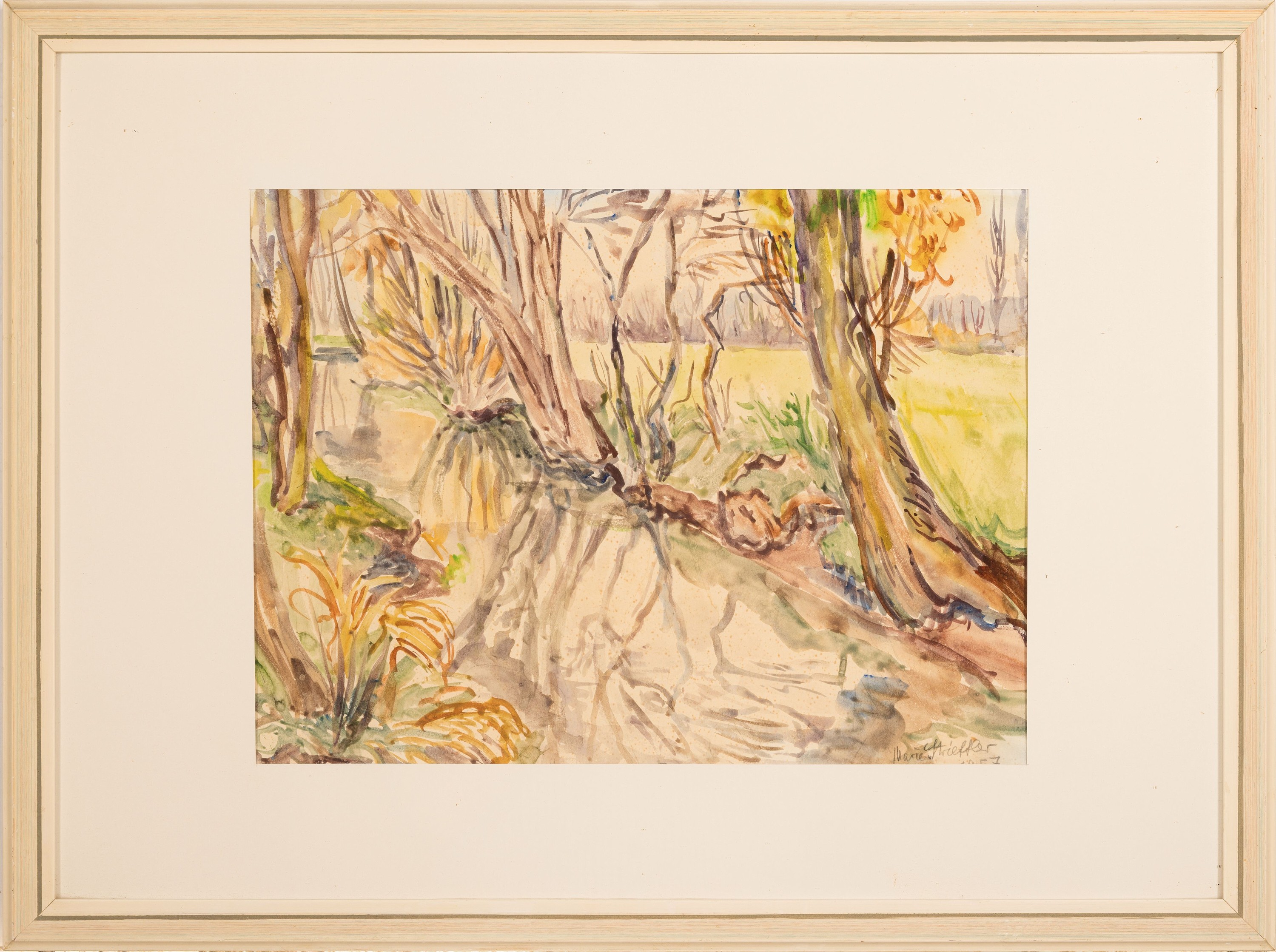 Detail k: Marie Strieffler, 1917-1987 Landau, Aquarell, Queichpartie, signiert und datiert 1957, PP . Ausschnitt 28 x 37.5 cm, unter Glas, Rahmen 46x62 cm
