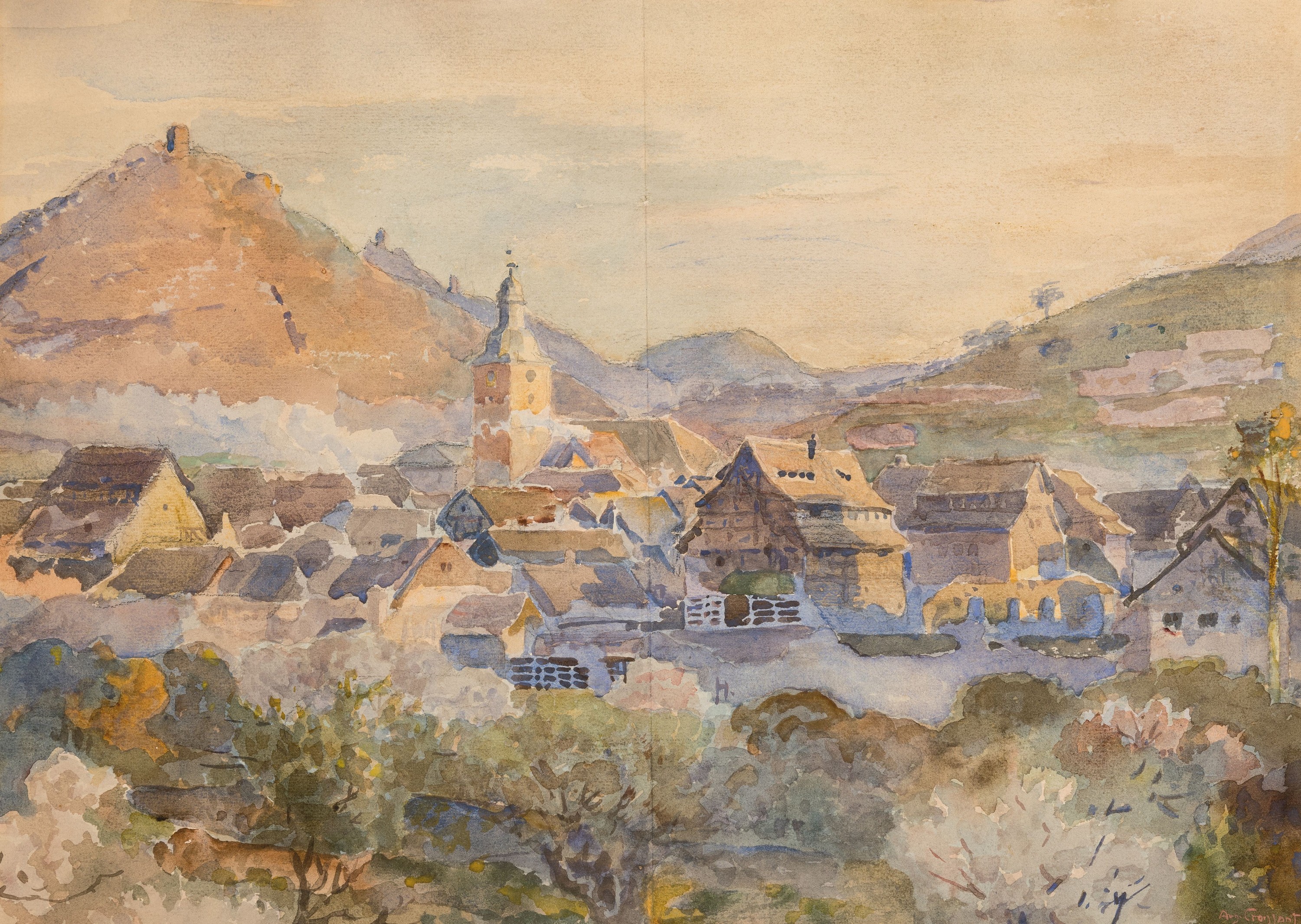 August Croissant, 1870 Edenkoben-1941 Landau , Aquarell, Ansicht von Annweiler mit der Burg Dreifaltigkeit, im Vordergrund blühende Mandelbume, ...