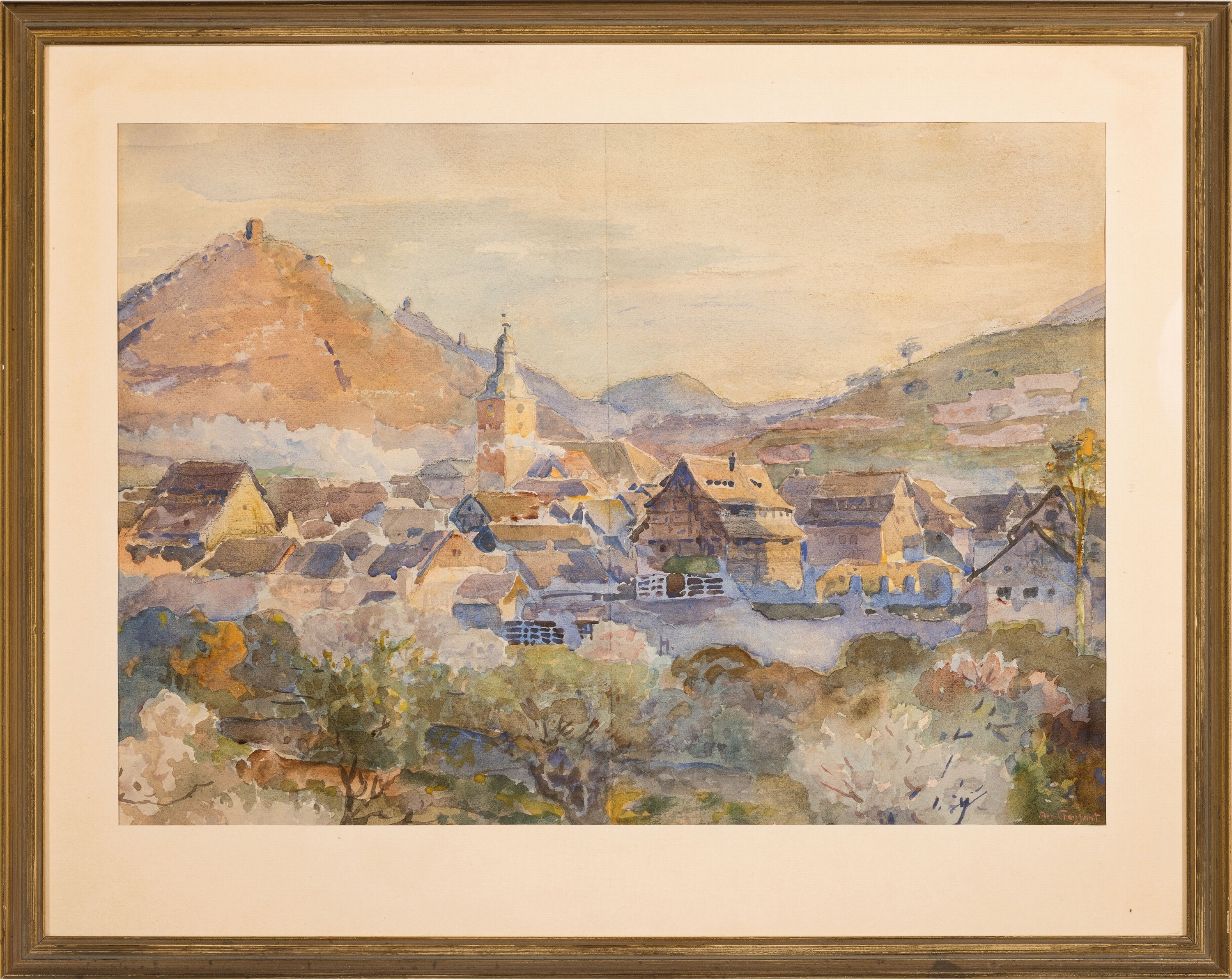 Detail k: August Croissant, 1870 Edenkoben-1941 Landau , Aquarell, Ansicht von Annweiler mit der Burg Dreifaltigkeit, im Vordergrund blühende Mandelbume, ...