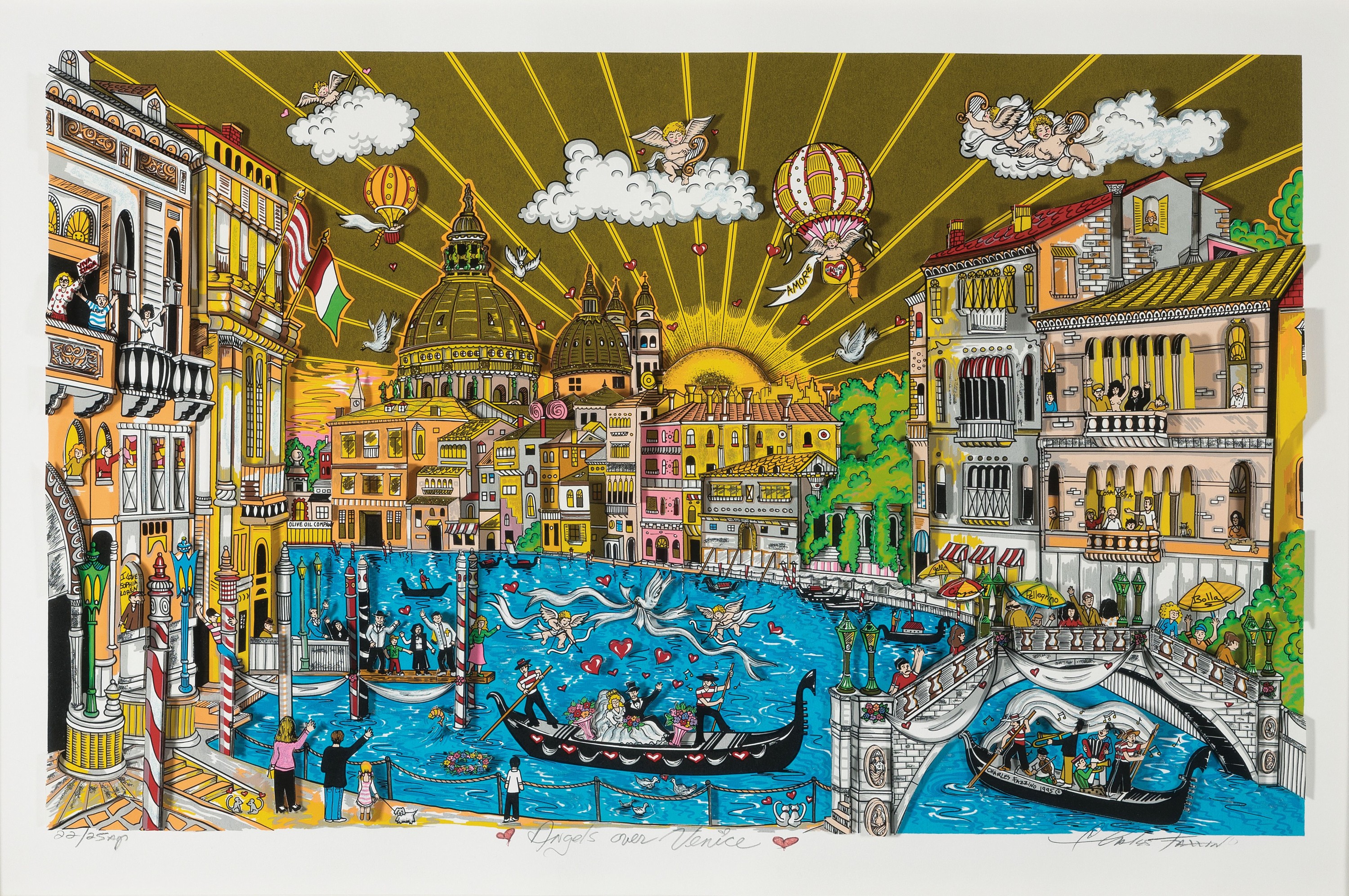 Charles Fazzino, geb. 1955, Angels over Venice, dreidimensionale Farblithographie, handsigniert, num. 22/25 AP, ca. 42x69cm, PP, u.Gl., R. ca. ...