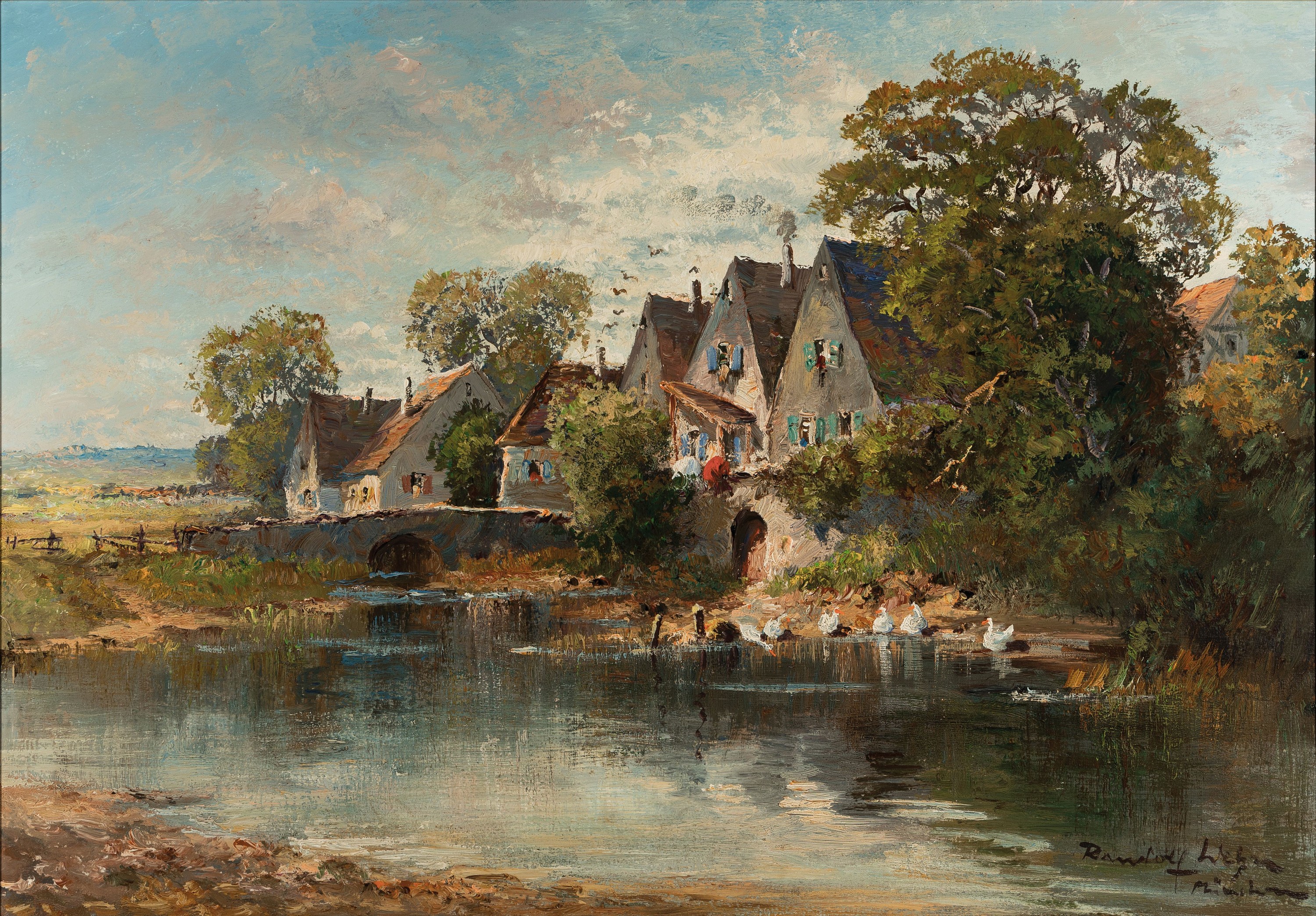 Randolf Wehn, 1911-1990 München, Häuserzeile am Wasser, Enten am Ufer, Öl/Lwd, rechts unten signiert, ca. 70x100cm, R.
