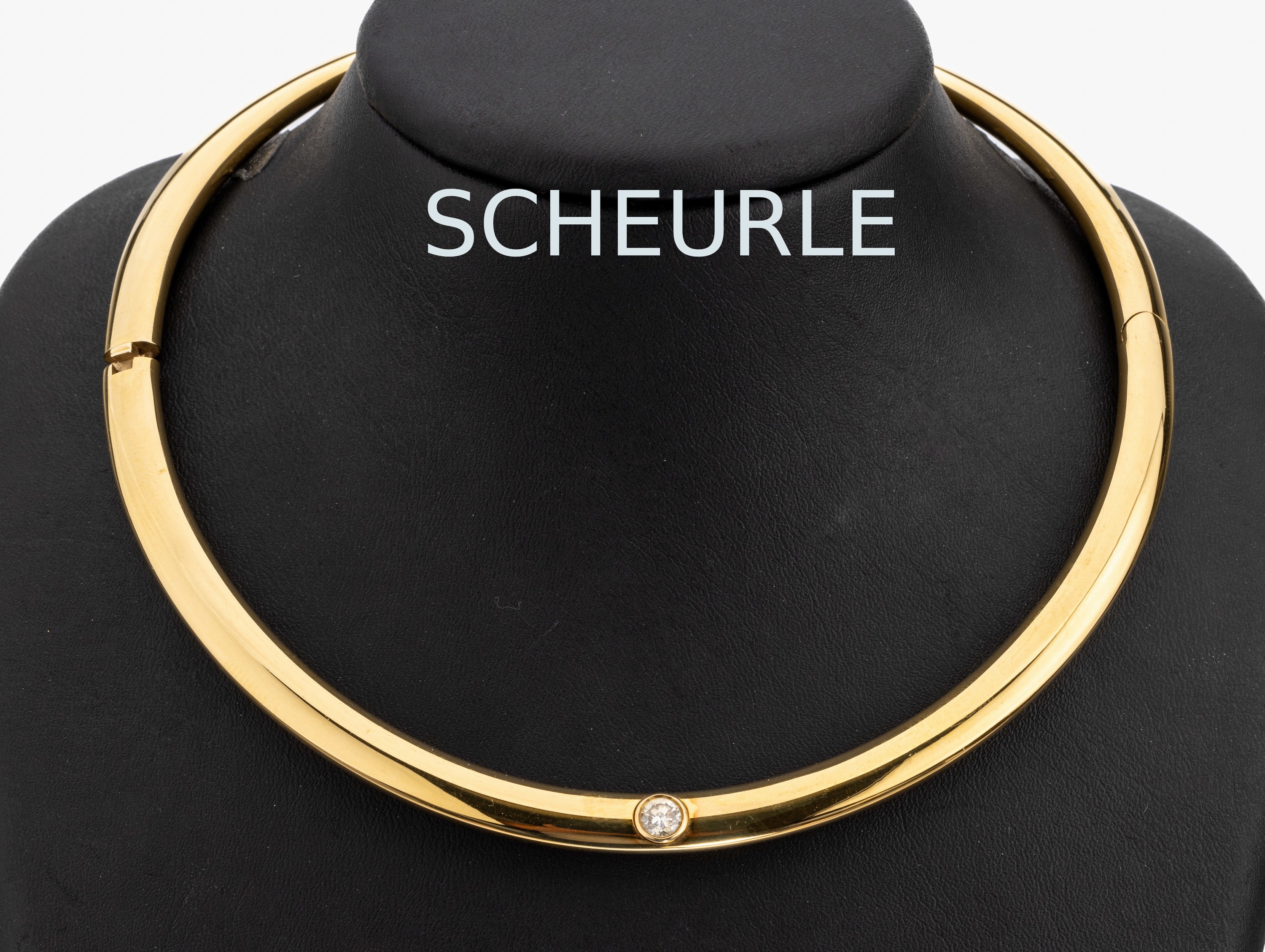 14 kt Gold Brillant-Halsreif, GG 585/000, Meistermarke QUINN = Franz Scheurle, Schwäbisch-Gmünd, Brillant ca. 0.59 ct Olive/vvs 2 lt. EGL ...