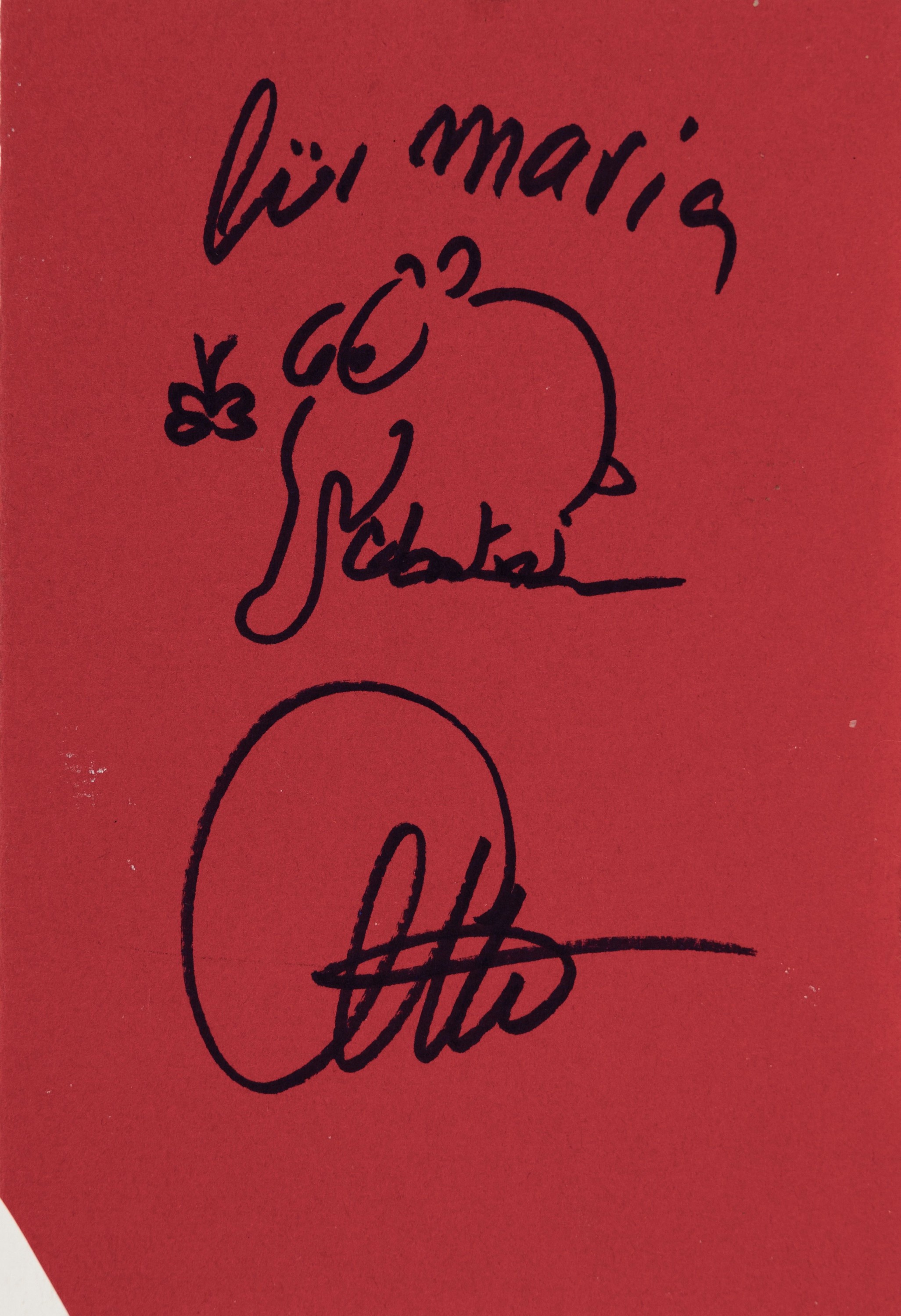 Otto Waalkes, geb. 1948, kleine Zeichnung in Filzstift auf rotem Papier, Ottifant, bez.: für Maris, signiert, links untere Ecke abgeschrägt, ca. ...