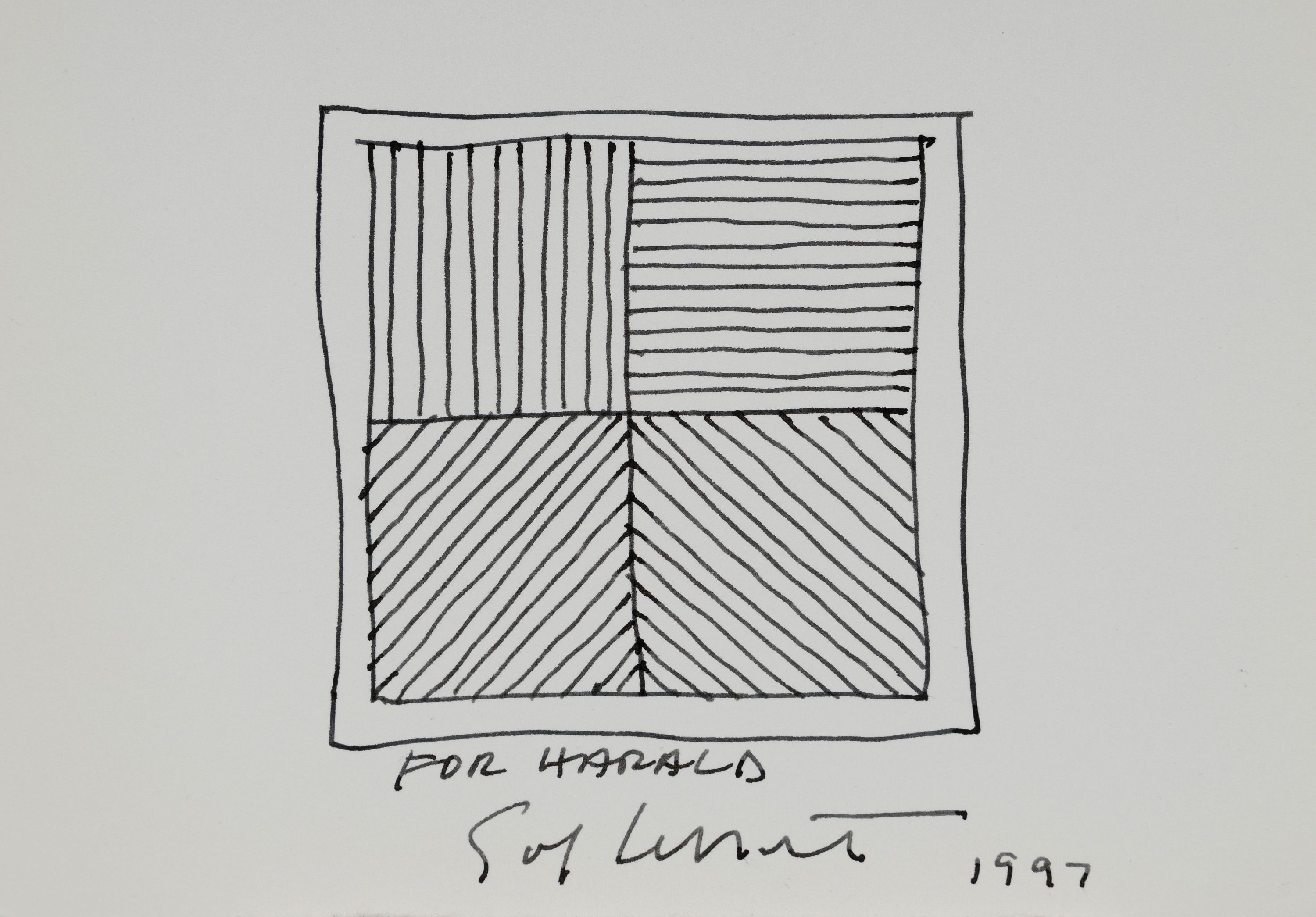 Sol Lewitt, 1928-2007, kleine Zeichnung in Tinte auf Papier, bez. for Harald, signiert, dat. 1997, ca. 10x15cm