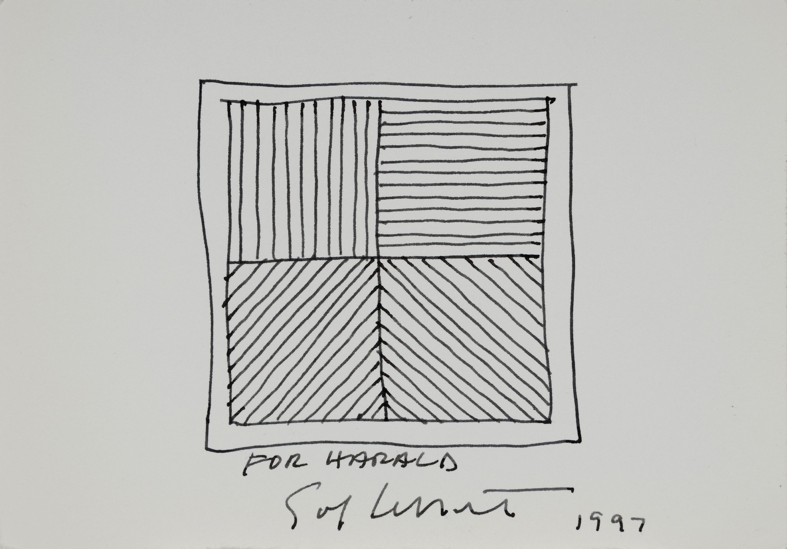 Detail k: Sol Lewitt, 1928-2007, kleine Zeichnung in Tinte auf Papier, bez. for Harald, signiert, dat. 1997, ca. 10x15cm