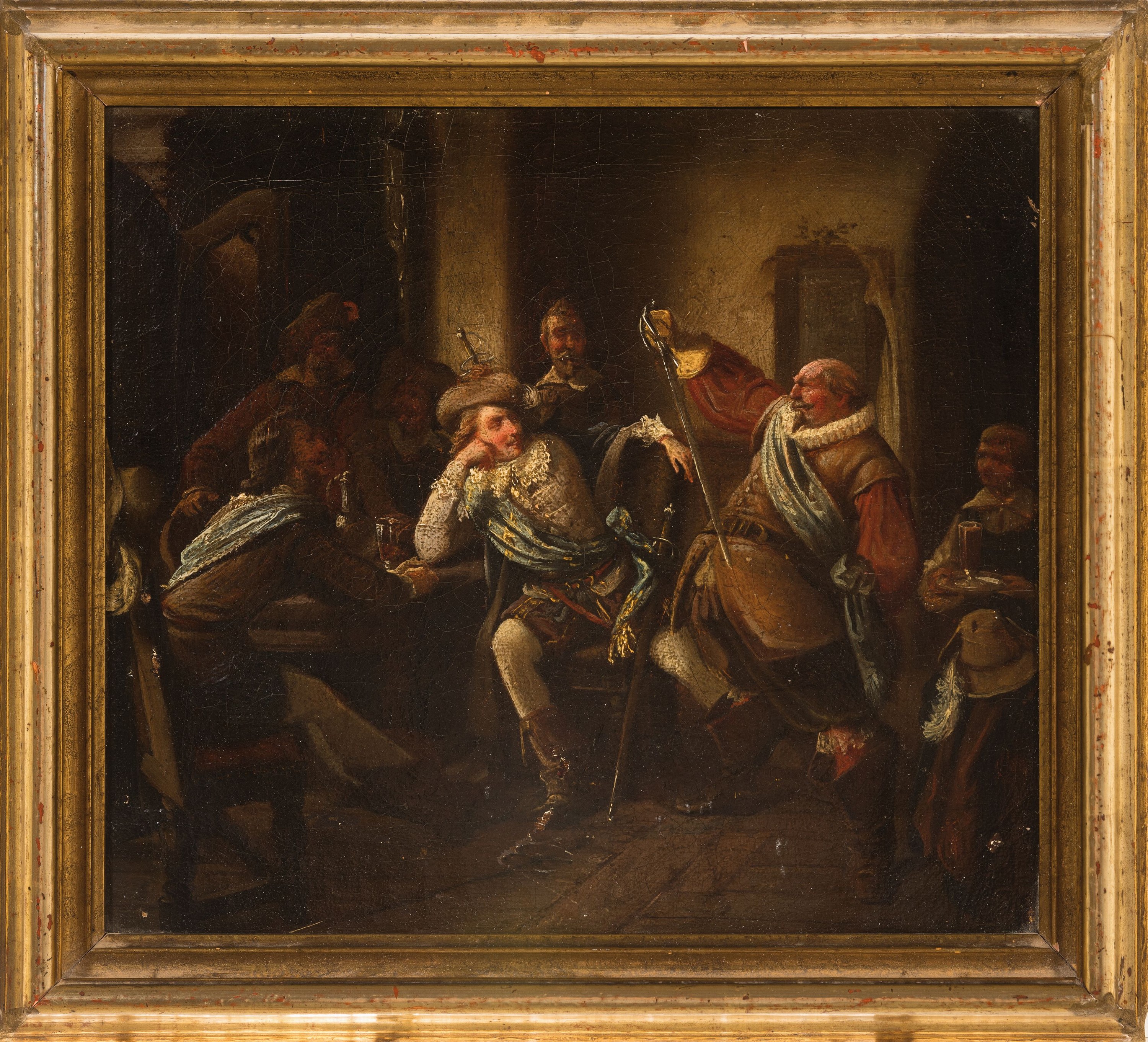 Detail k: W. Castor, datiert 1851, Kneipeninterieur mit angetrunkenen Edelmännern, verso bezeichnet, Öl/Lwd, krakeliert, Oberflächschäden, 23x26 cm Rahmen ...