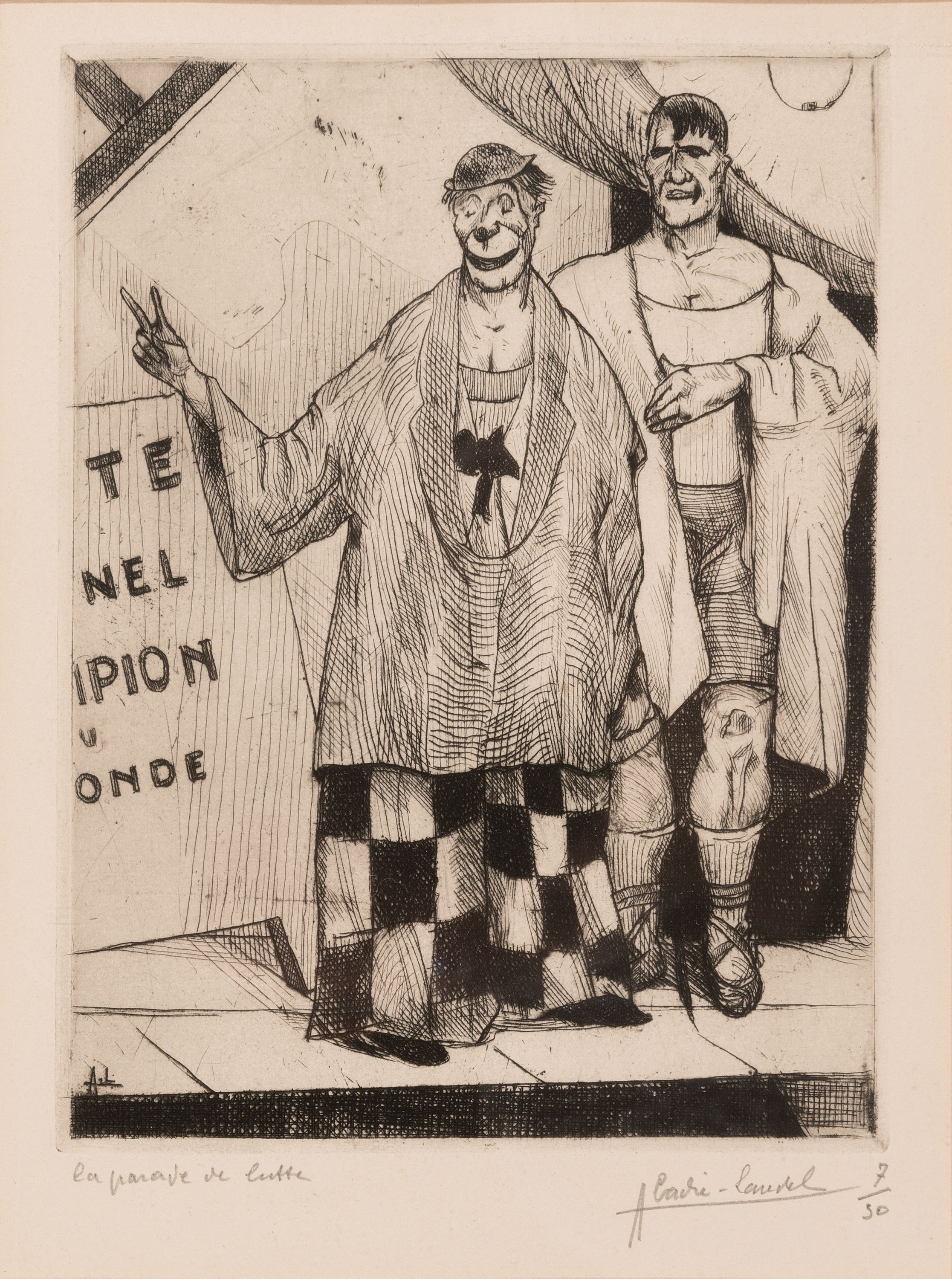 Pierre Abadie-Landel, 1896-1972 Paris, 2 aquarellierte Zeichnungen und 1 Radierung: "laparade de lutte", Radierung, Ed.7/50 unter Glas ...