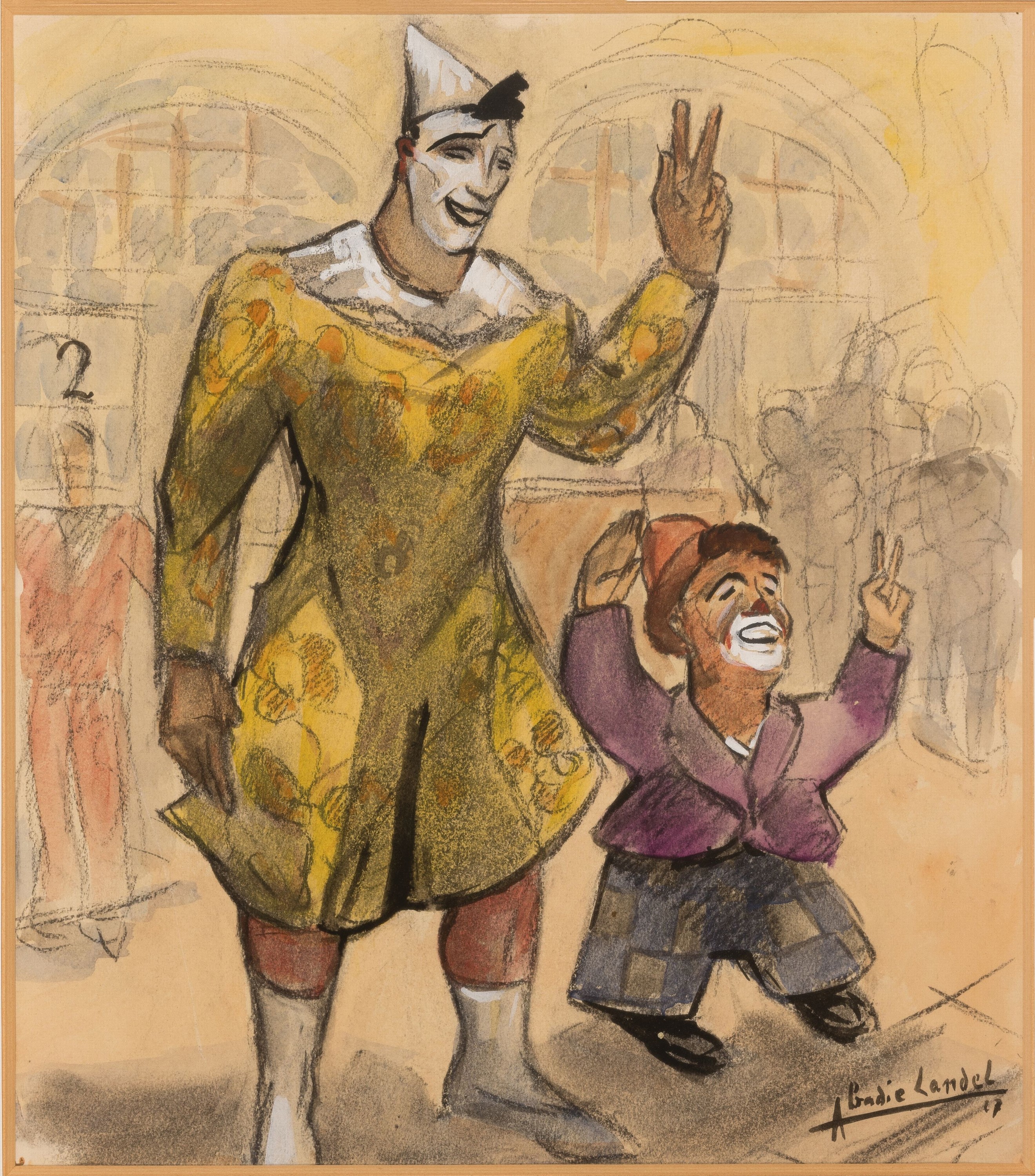 Detail a: Pierre Abadie-Landel, 1896-1972 Paris, 2 aquarellierte Zeichnungen und 1 Radierung: "laparade de lutte", Radierung, Ed.7/50 unter Glas ...