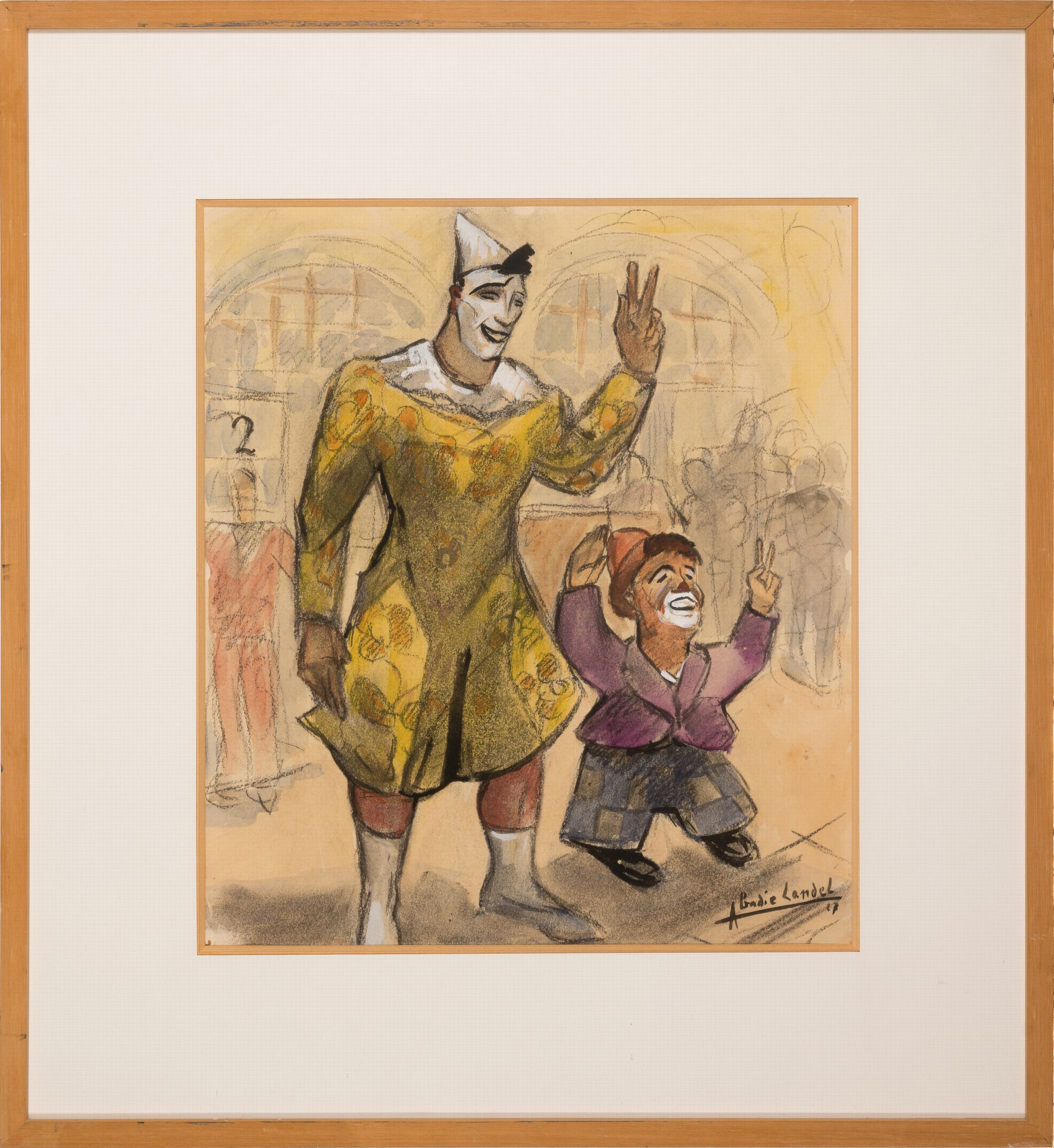 Detail l: Pierre Abadie-Landel, 1896-1972 Paris, 2 aquarellierte Zeichnungen und 1 Radierung: "laparade de lutte", Radierung, Ed.7/50 unter Glas ...