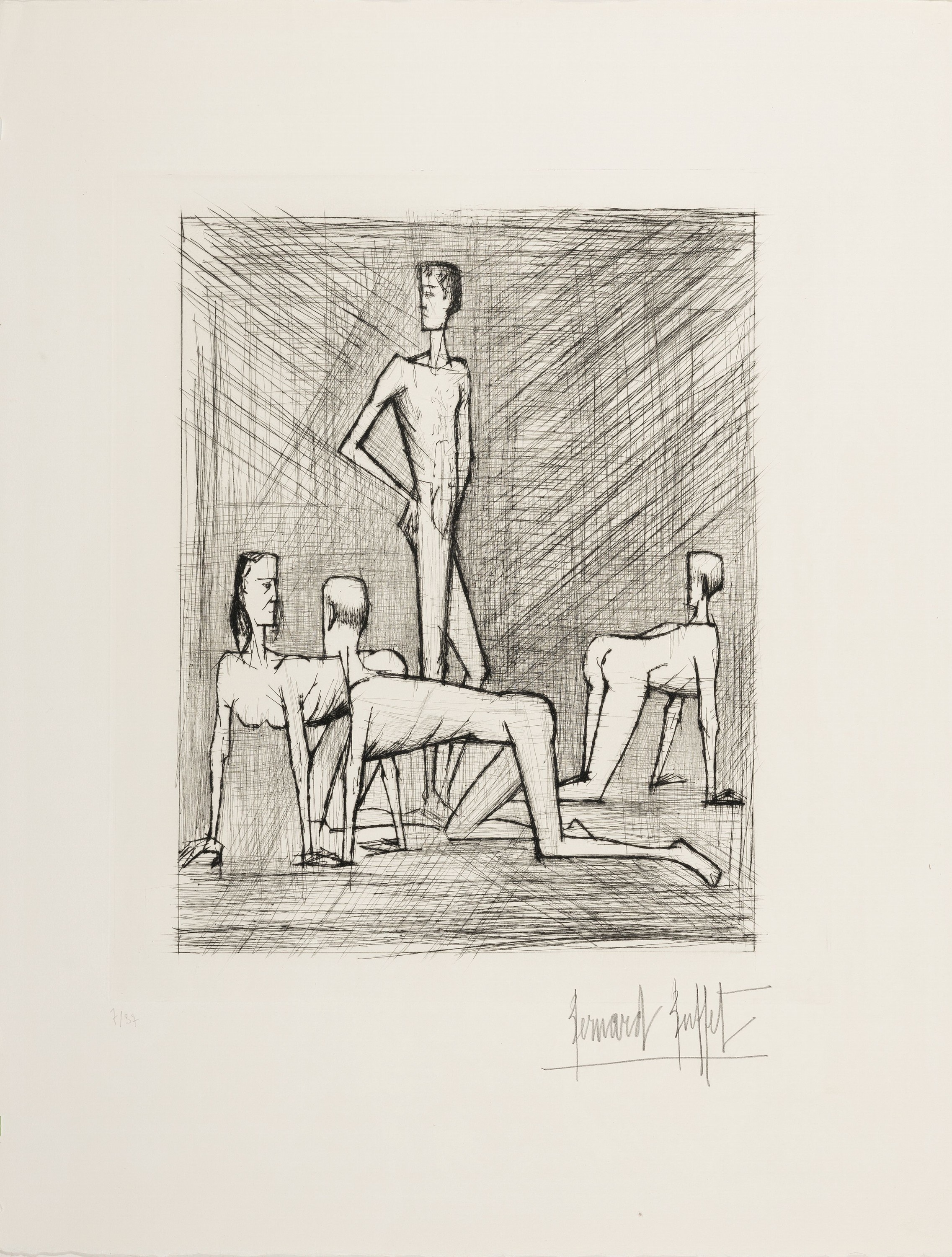 Detail k: Bernard Buffet, 1928 Paris-1999 Tourtour, Radierung auf BFK Rives, Blatt aus der Serie "Voyages fantastiques aux etats et empires de la lune et ...