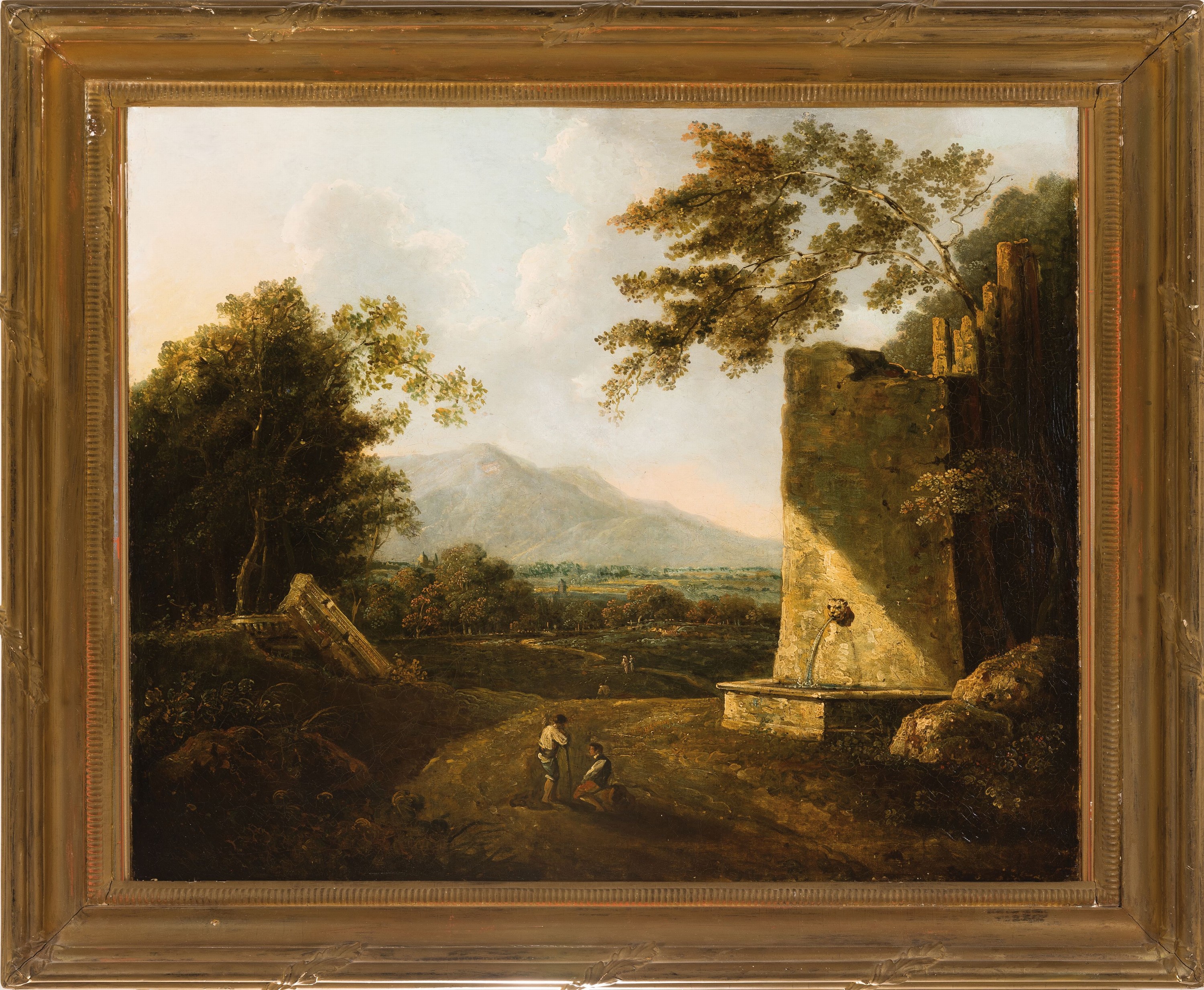 Detail k: Unbekannter Künstler Anfang/Mitte des 19.Jh. , verso Verweis auf Charles Joseph Remond (1795-1875), arkadische Landschaft mit Tempelruine und ...