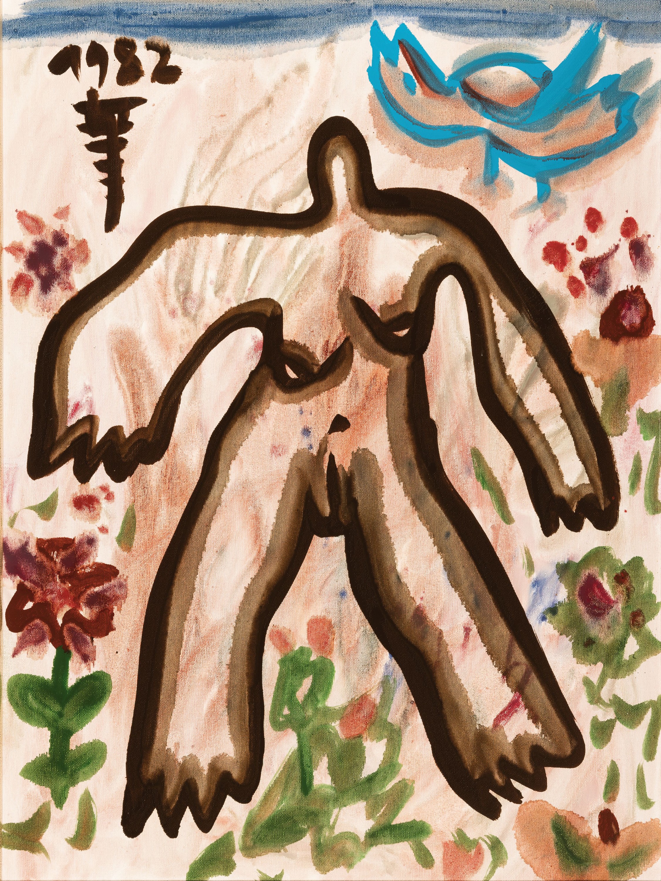 Detail a: Ungedeuteter Künstler der Nachkriegszeit, deutsch, "Das Pärchen im Garten Eden" so betitelt, 1982, Öl/Holz 90x58 cm; weiblicher Akt, ...