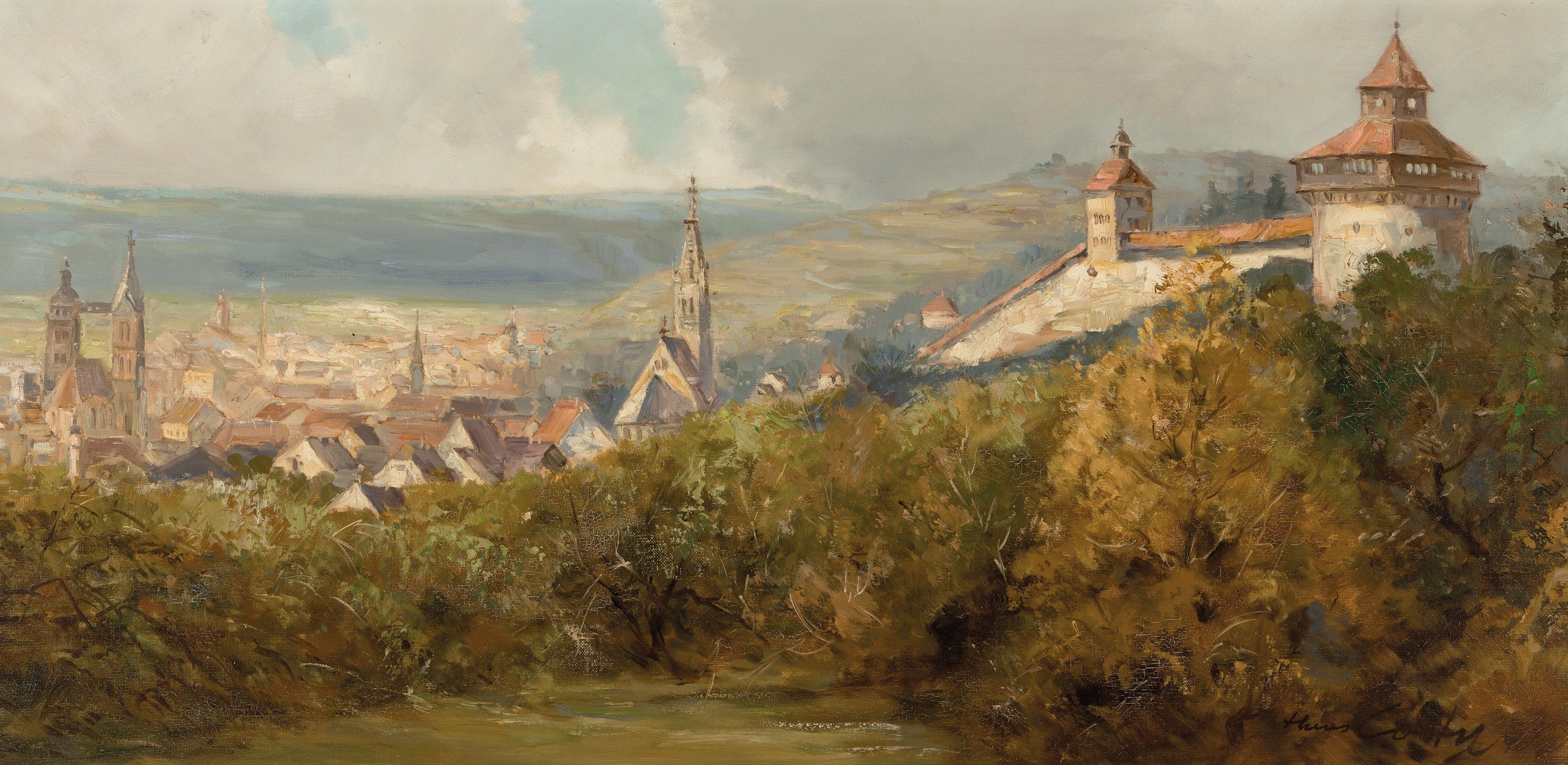 Hans Costa, Pseudonym des Hans Nickel, 1916 Brünn-1986 Nürtingen, Blick ins Neckartal Esslingen, so rückseitig betitelt, Öl/Lwd, rechts unten ...