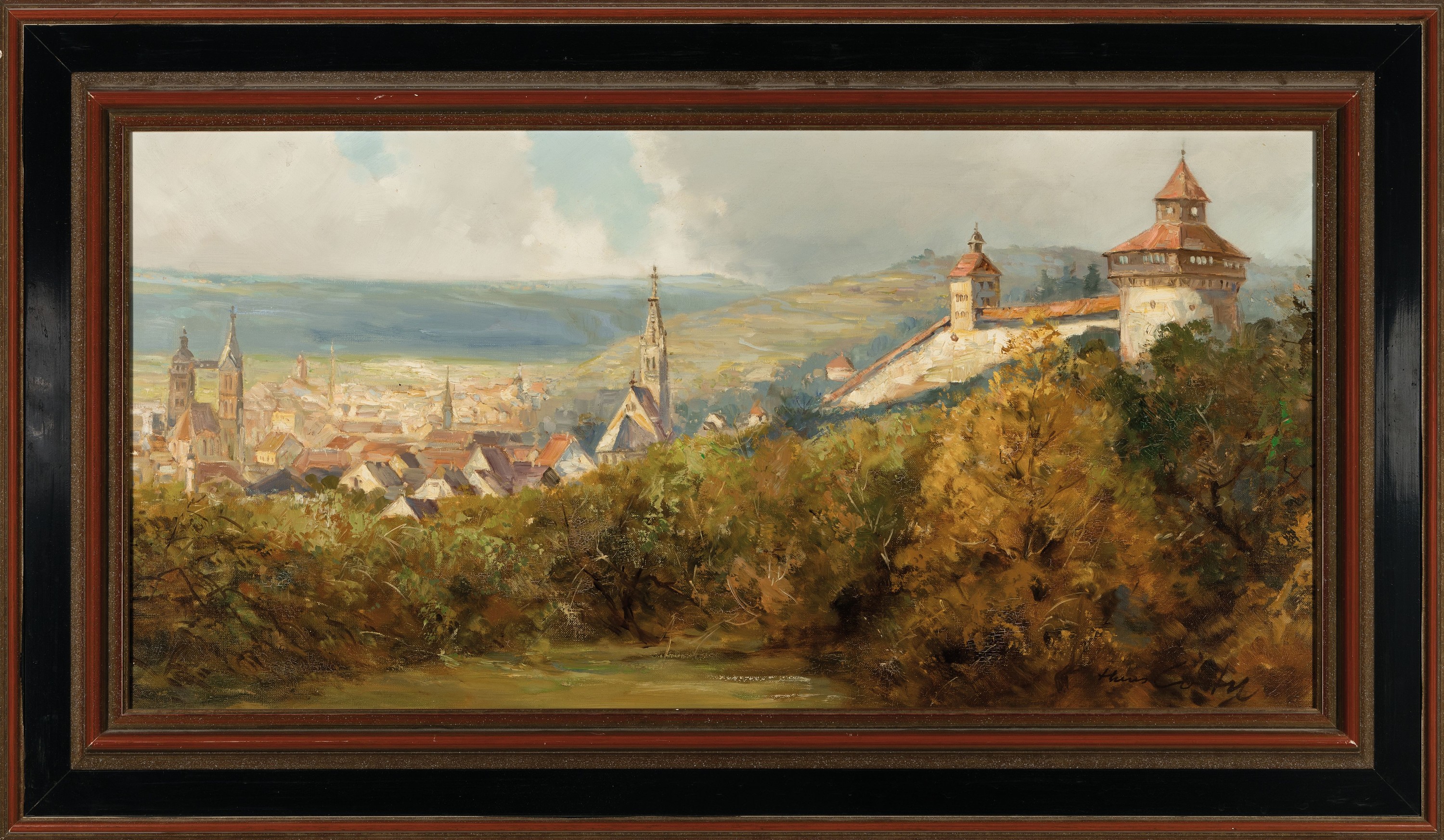 Detail k: Hans Costa, Pseudonym des Hans Nickel, 1916 Brünn-1986 Nürtingen, Blick ins Neckartal Esslingen, so rückseitig betitelt, Öl/Lwd, rechts unten ...